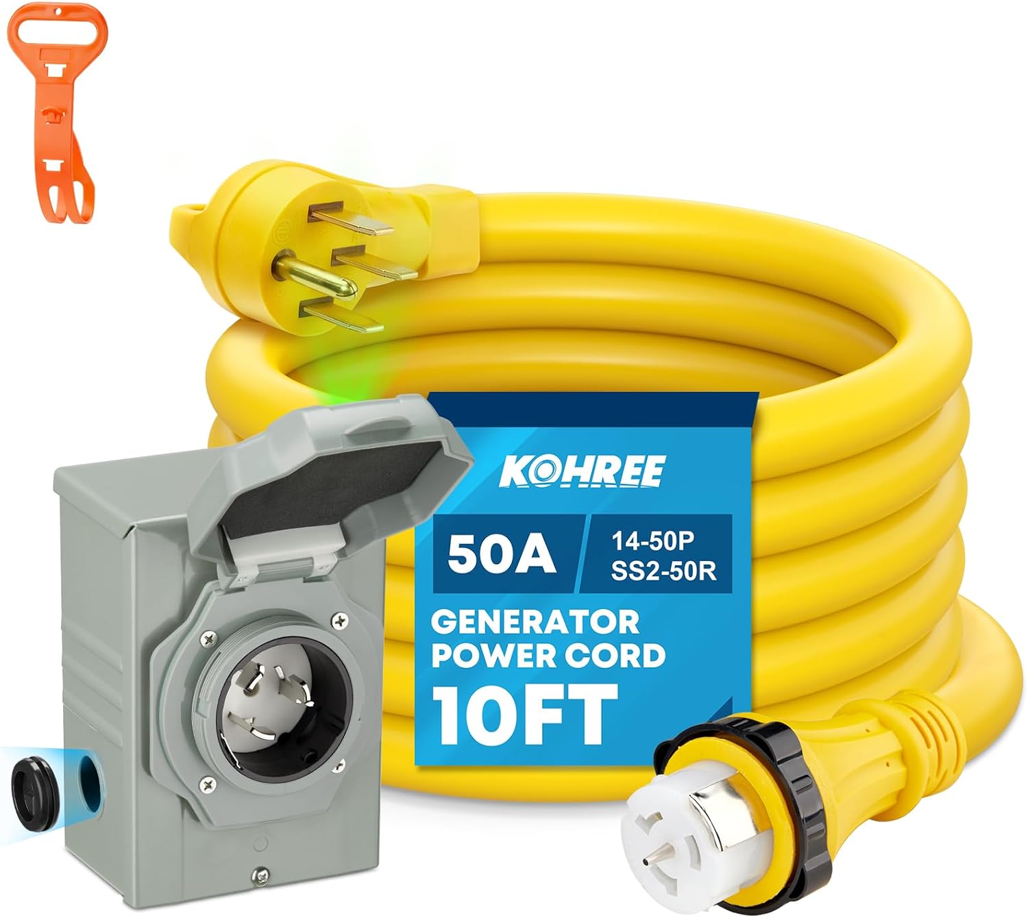 Kohree 50 Amp Generator Cord and Power Inlet Box, 10FT NEMA 14-50P to SS2-50R Twist Locking Generator Extension Cord for Generator to House, 125/250V 50Amp Pre-drilled Generator Inlet Box, ETL Listed
