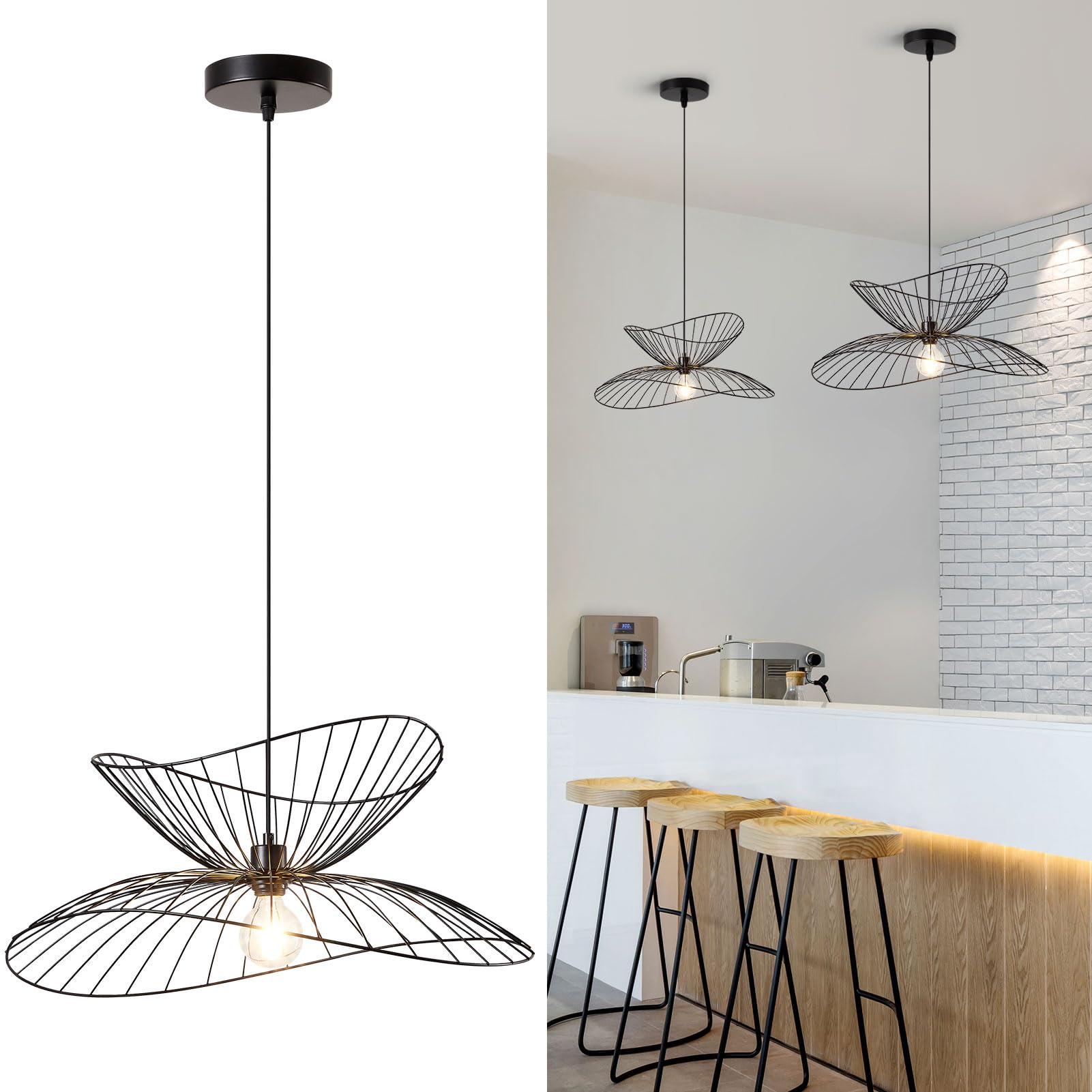 Harper Living 65Cm-Double Cover Pendant Light, Contemporary Pendant Ceiling Lamp With Curved Metal Threads Shade, Adjustable Shape, Black Hanging Light For Kitchen Island Dining Room Living Room, Diameter 65Cm