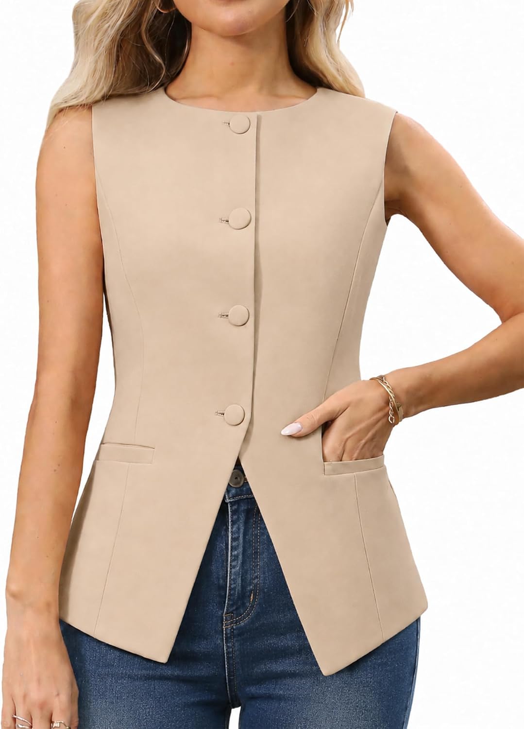 ELLEVEN High Stretchy Vest Tops for Women, Knit Sleeveless Fitted Button Down Business Casual Outfits Suit Blazer Waistcoat