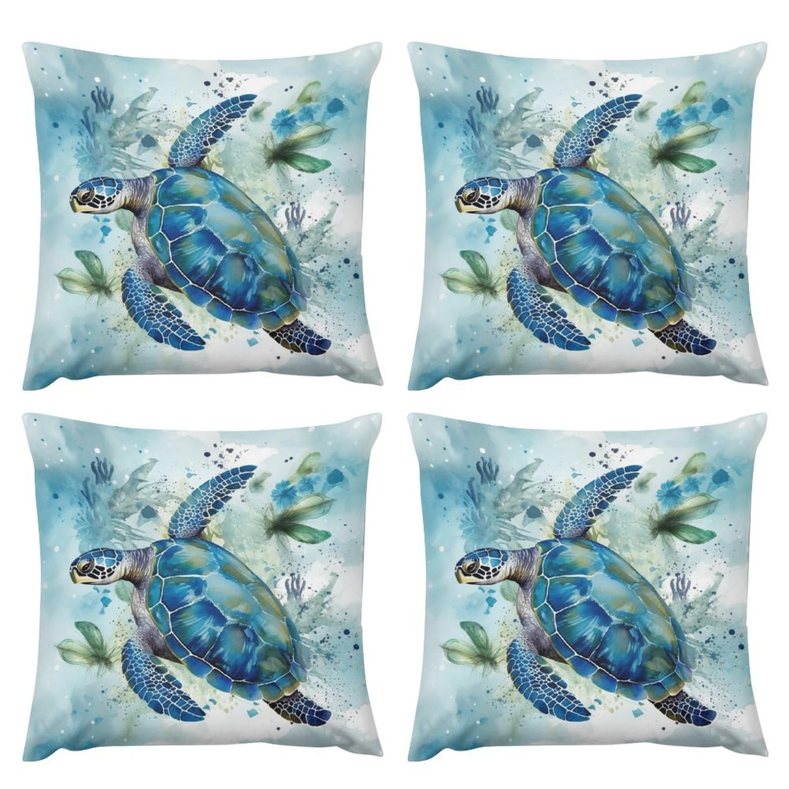 Housse de coussin tortue de mer en peluche bleue pour déco salon (lot de 4)