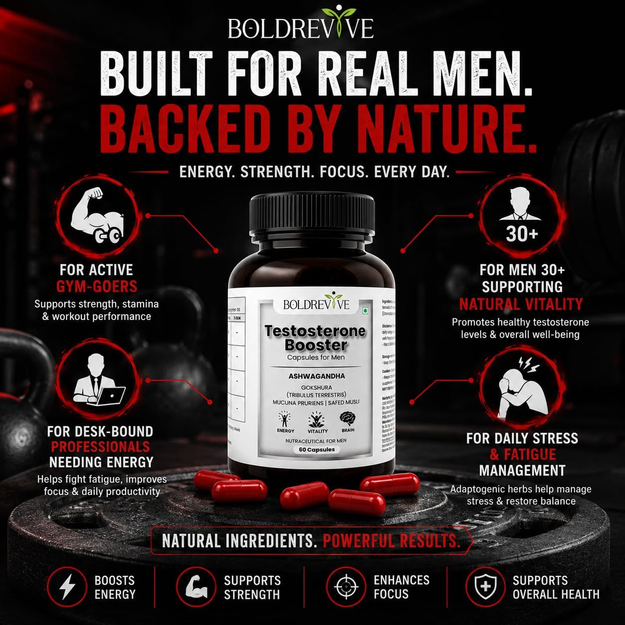 Testosterone Booster Capsules for Men | Ashwagandha Gokshura Kaunch Beej Safed Musli | Supports Energy Stamina Strength Performance & Vitality | 60 Capsules — Amazon image 5