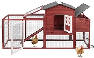 Wooden 79" Chicken Coop with Wheels Asphalt Roof Nest Boxes Pull-Out Trays - All Solid Wood and Galvanized Wire Mesh Chicken House Against Snakes, Weasels
