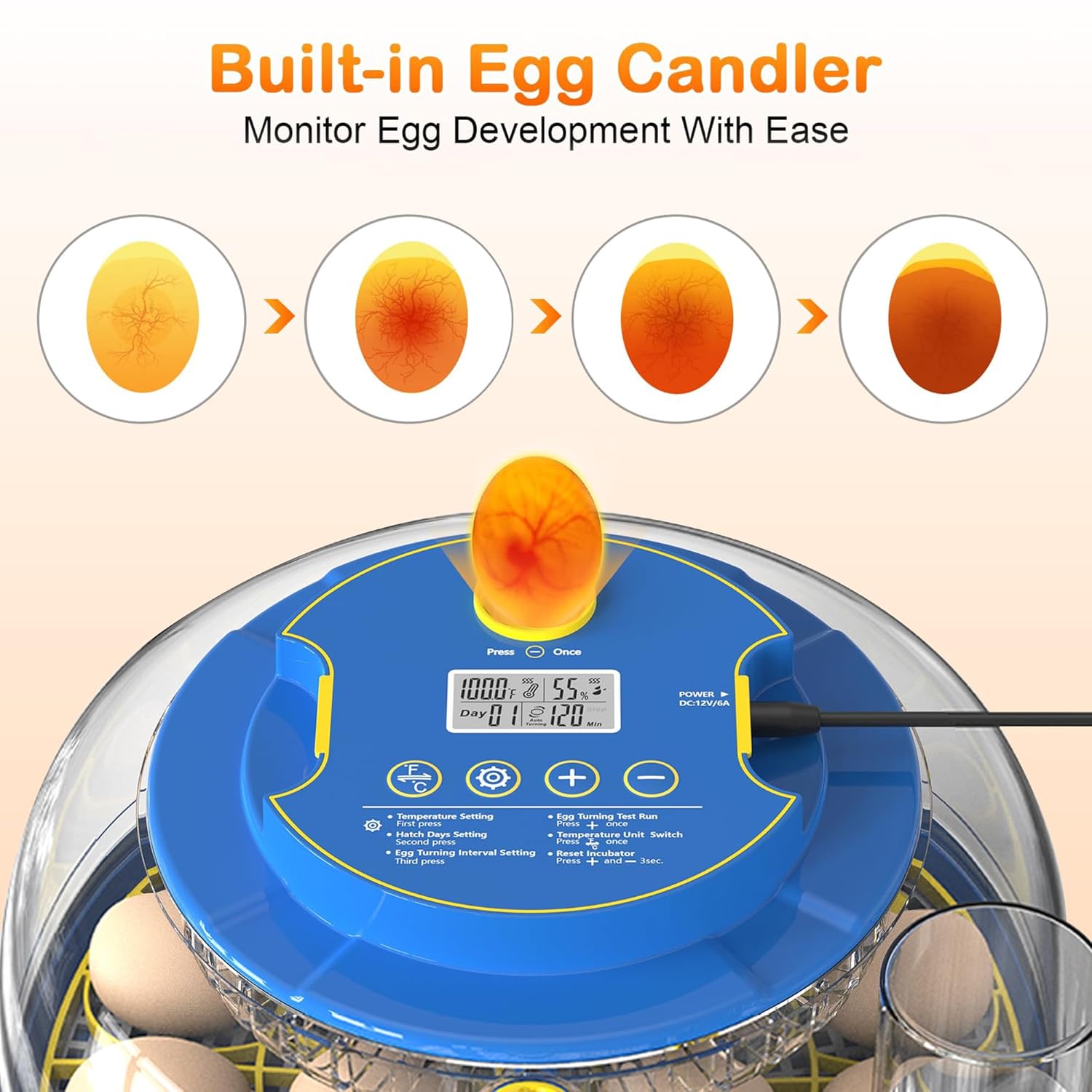 Egg Incubator, Adjustable Turning Time, Humidity and Hatch Day Display,Egg Candler,Automatic External Water Bottle Refill, Hatching Chicken Quail Duck Turkey Goose
