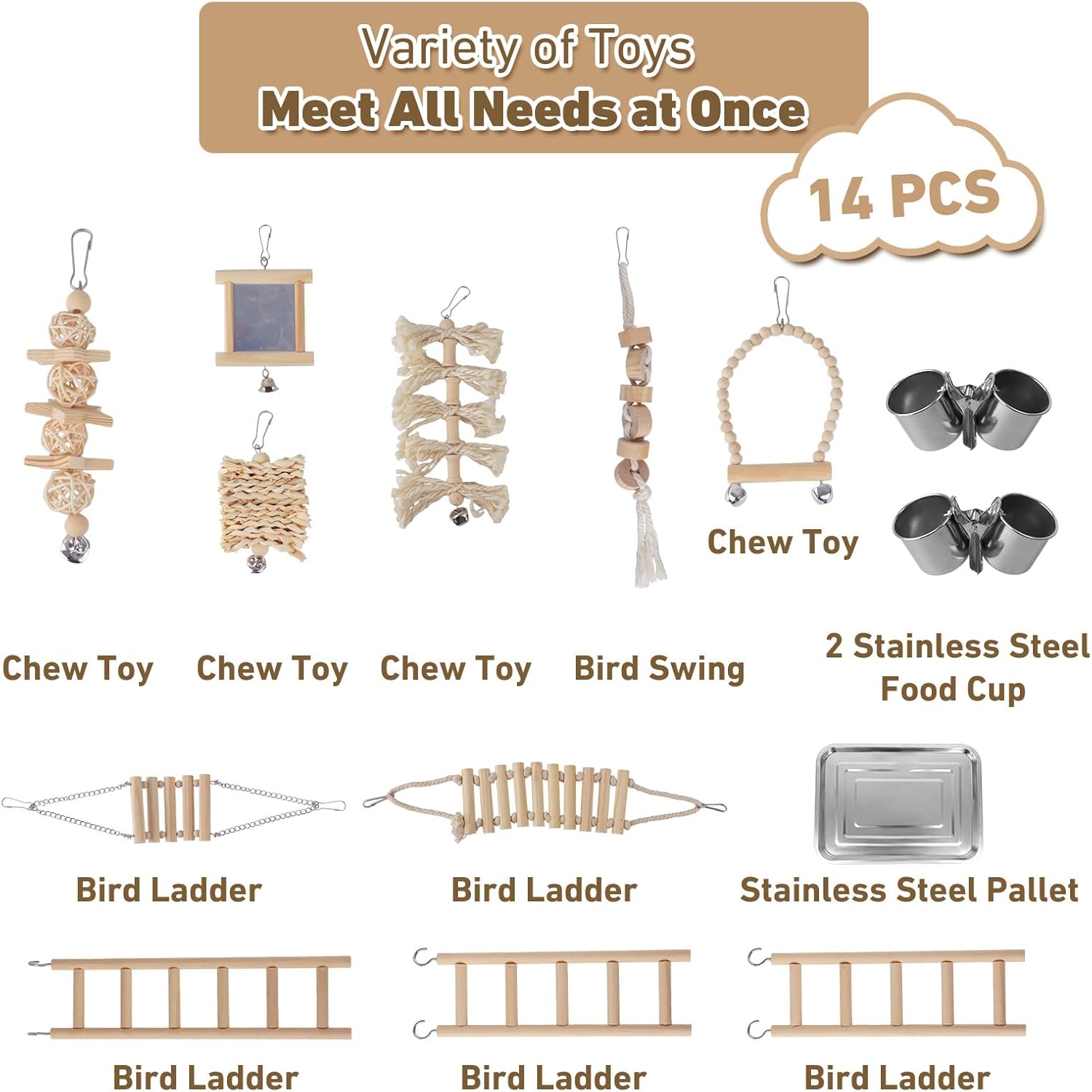 VELVETPAW Bird Playground – 7-Level Natural Wood Parrot Playstand with Toys & Feeders, Modular 2-Tier Bird Play Gym, Detachable Top Tabletop Stand