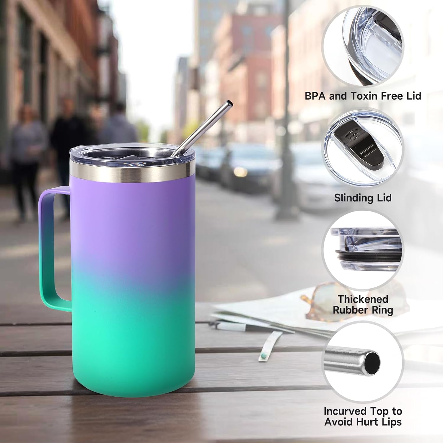 Volhoply 24oz Insulated Coffee Mug with Lid and Straw, Stainless Steel Travel Mugs with Handle, Double Wall Vacuum Leak Proof Coffee Tumbler Cup (Mixed,2) - Image 6