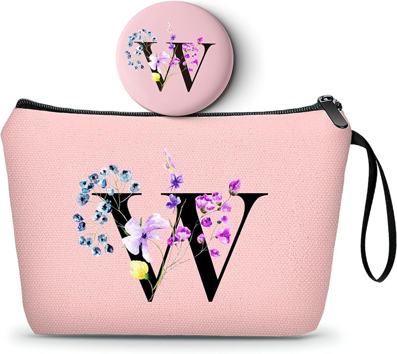 Necessaire de maquiagem SEAMOON rosa com espelho e estampa W