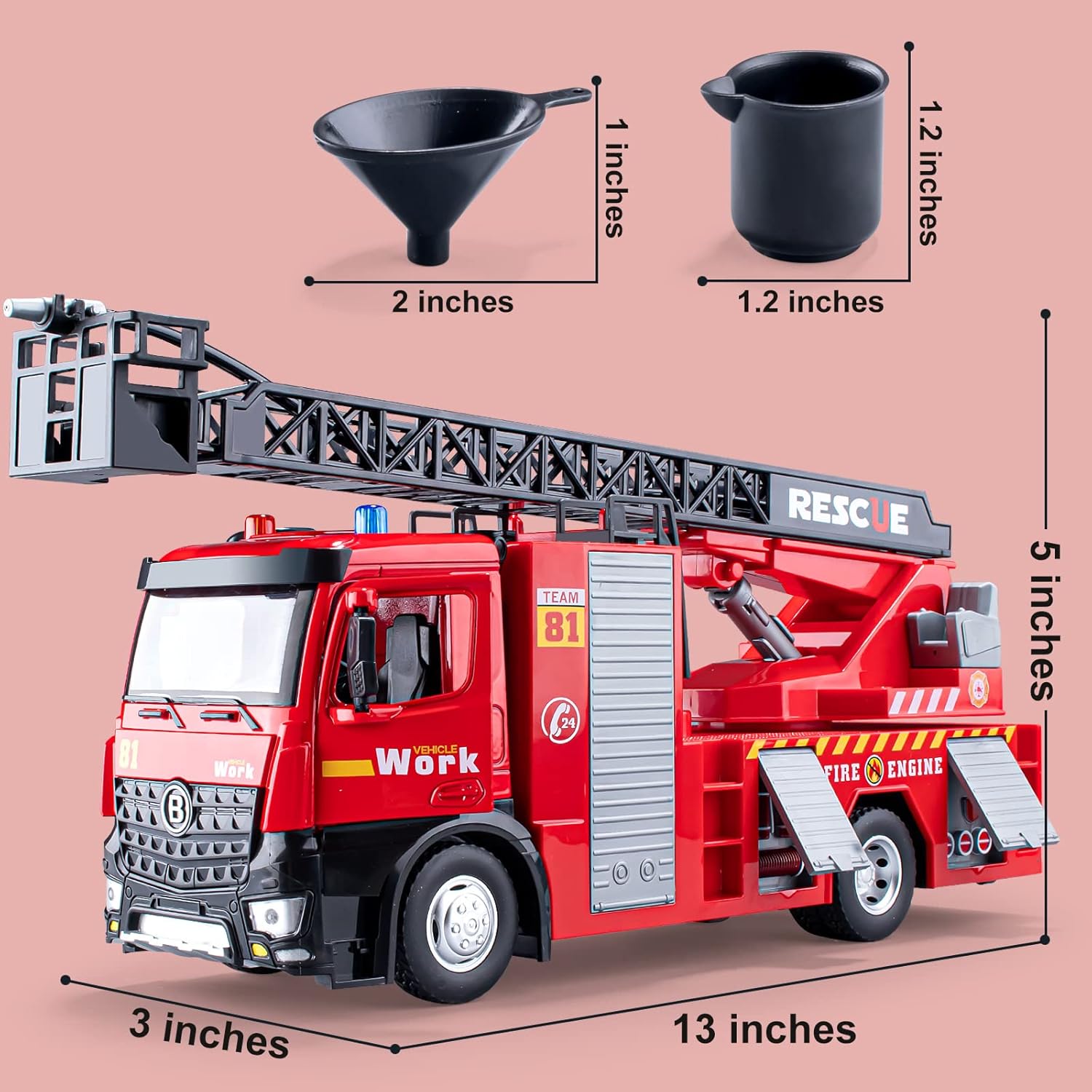 Fire Truck Toy Metal Cab, Firetruck Toy with Lights and Siren Sounds, Working Water Pump and Ladder, Gifts for Toddlers Kids, 12"
