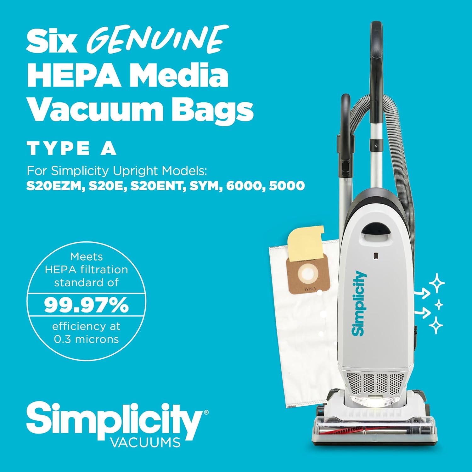 Simplicity Vacuums SAH-6 Certified Hepa Vacuum Replacement Bags, Fits with S20EZM Allergy Upright Vacuum Cleaner, Symmetry and 6 Series, Type A Bags, 6-pack Set