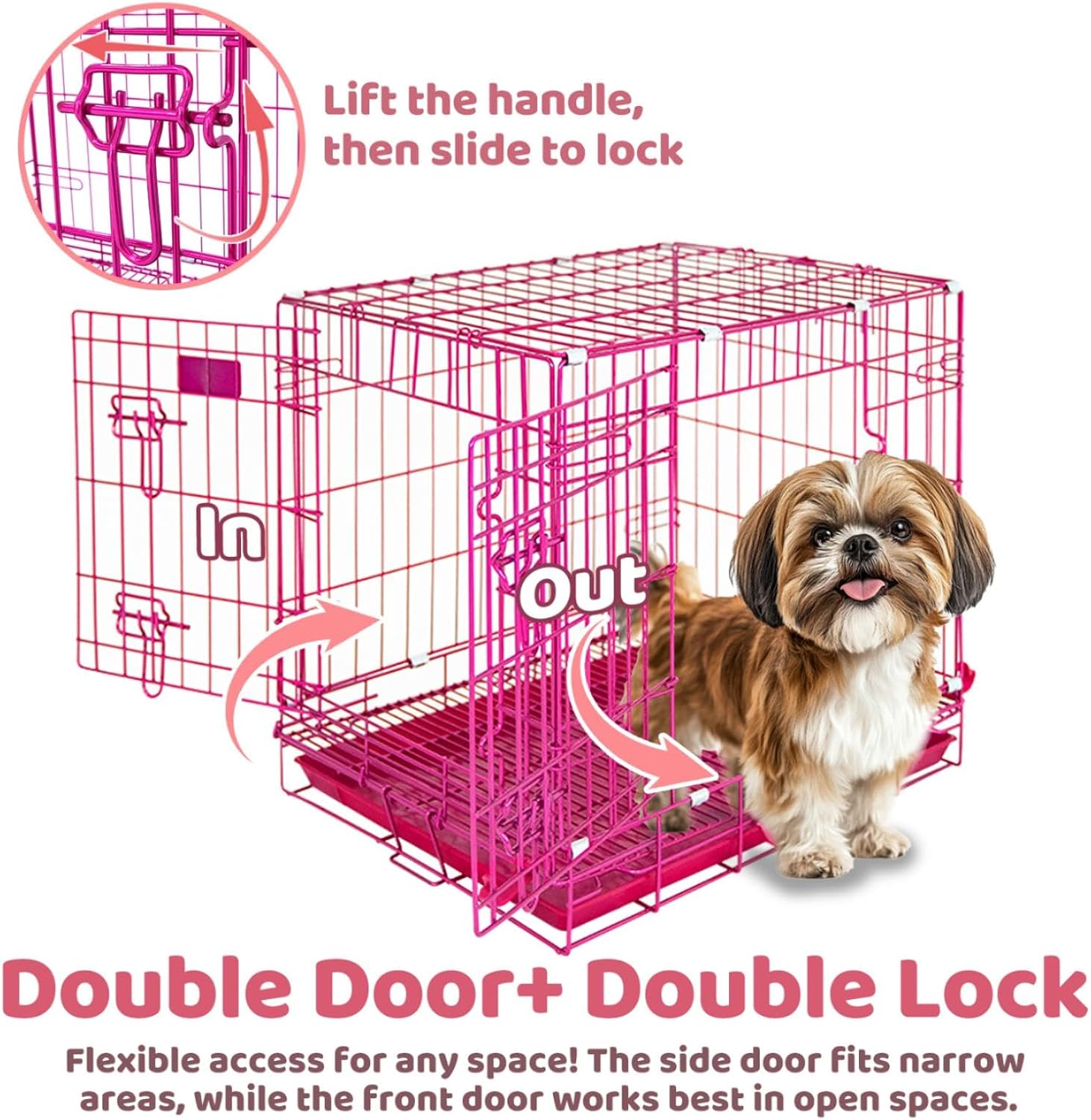 24 Inch Puppy Crate, Pink Dog Cage for Small Dogs, Collapsible Metal Wire Cute Dog Kennel Indoor with Removable Floor Grid, Leak-Proof Tray, Double Doors Dual Locks, Carrying Handle