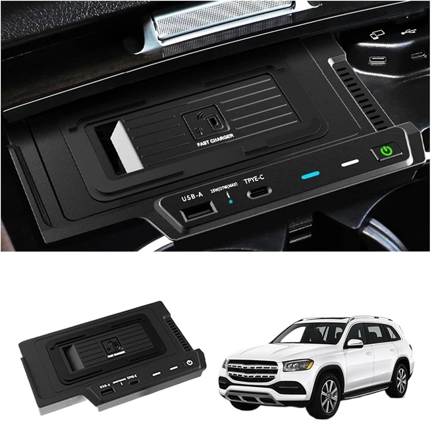 Car 15W USB Wireless Charger Phone Panel Compatible with Benz W167 GLE X167 GLS 2020-2022 Fast Wireless Charging Pad Holder
