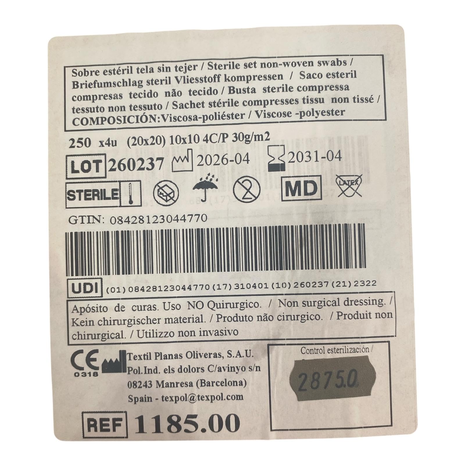 Texpla - Texpol Gasas TNT Estériles 10x10 cm 4 Capas Caja 250 Sobres