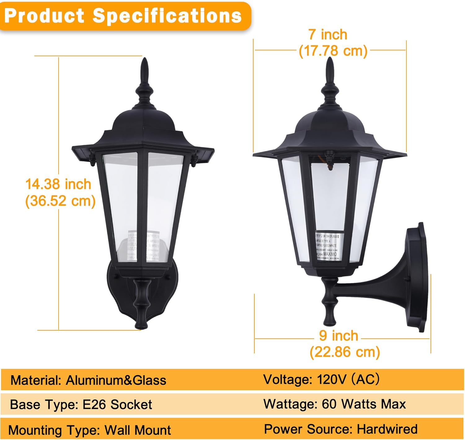 Outdoor Wall Lantern, Wall Sconce as Porch Lighting Fixture, E26 Base 60W Max, Aluminum Housing Plus Glass, Wet Location Rated, Bulbs not Included, Matte Black, 2 Pack