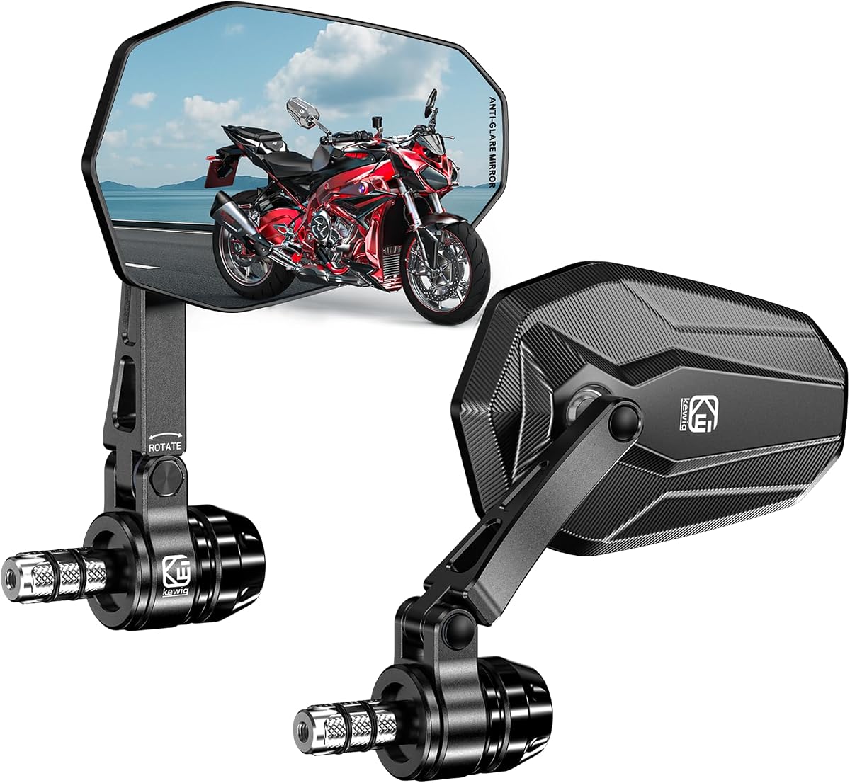 Espejos de extremo de barra de motocicleta HD plegables a prueba de lluvia de aleación de aluminio | Espejos retrovisores de motocicleta con lentes azules antideslumbrantes mecanizados CNC, ajustables en múltiples ángulos para manillar de 12-18mm de diámetro interior