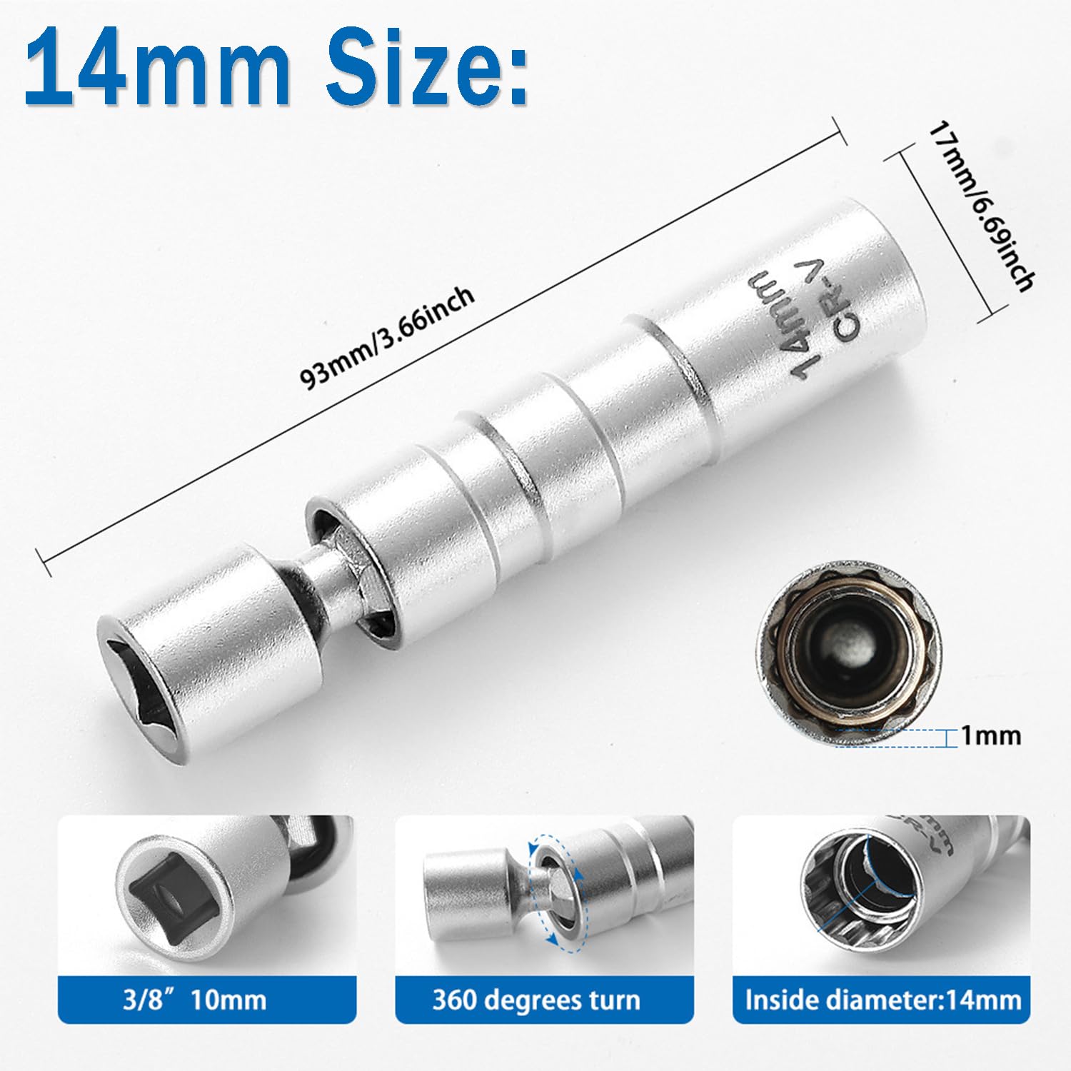 Juego 2 Piezas Llave Bujía Magnética 14mm 16mm, Llave de Bujías Giratoria 12 Puntos 3/8", Cambiar Bujías Fácil, Herramienta Extracción Universal para Coche, Moto, Cortacésped, Pozos Profundos (B)