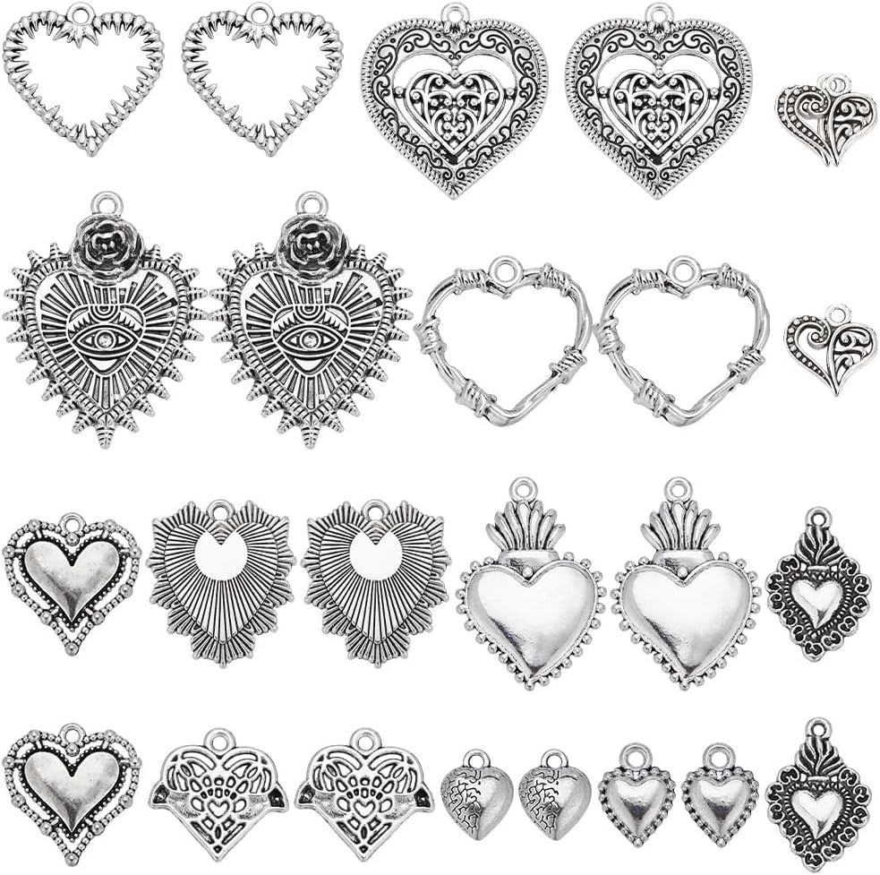 SUNNYCLUE 1 Box 48Pcs Heart Charms Sacred Heart Charm Valentine's Day Tibetan Style Antique Silver Hearts Charm Hollow Heart Love Easter Holiday Sacred Heart Charm for Jewelry Making Charms DIY Craft