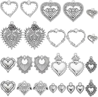 SUNNYCLUE 1 Box 48Pcs Heart Charms Sacred Heart Charm Valentine's Day Tibetan Style Antique Silver Hearts Charm Hollow Heart Love Easter Holiday Sacred Heart Charm for Jewelry Making Charms DIY Craft