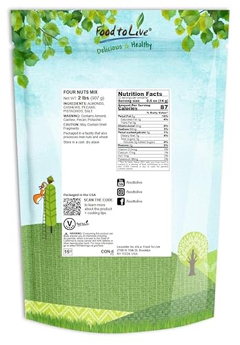 Miniatura 2 de Food to Live Mezcla prémium de cuatro nueces, 2 libras, una mezcla de pistachos tostados secos, almendras, nueces, anacardos y almendras con sal del