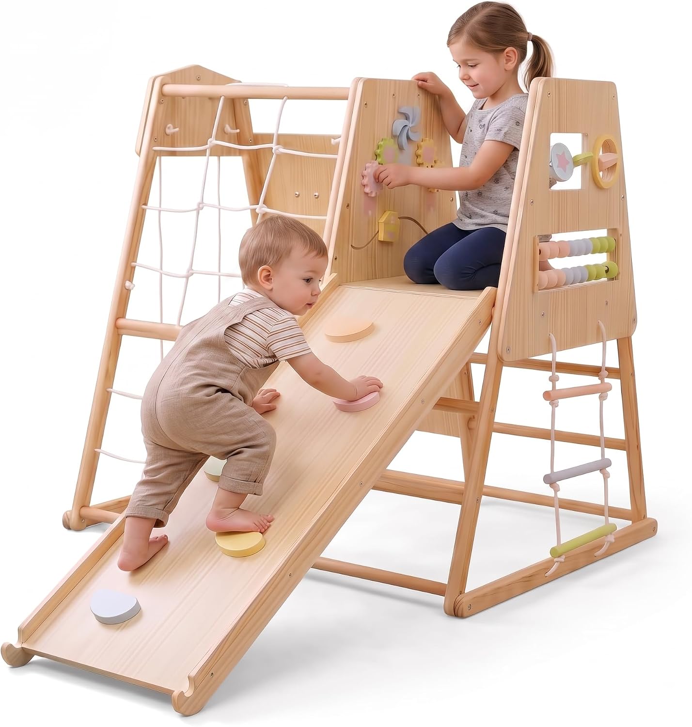 Avenlur Cherry 5-in-1 Wooden Indoor Climber – Montessori Toddler Play Gym with Slide, Rock Wall, Rope Ladder, Sensory Panel & Swing – Indoor Playground for Kids Ages 18 Months to 5 Years