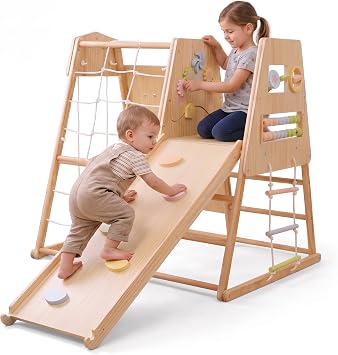 Avenlur Cherry 5-in-1 Wooden Indoor Climber Montessori Toddler Play Gym with Slide, Rock Wall, Rope Ladder, Sensory Panel & Swing Indoor Playground for Kids Ages 18 Months to 5 Years