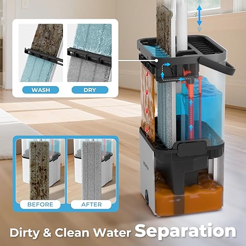 Miniatura 2 de Juego de trapeador y cubo, trapeadores planos de microfibra para limpieza de pisos, limpiador de pared y sistema de cubo con escurridor, uso húmedo