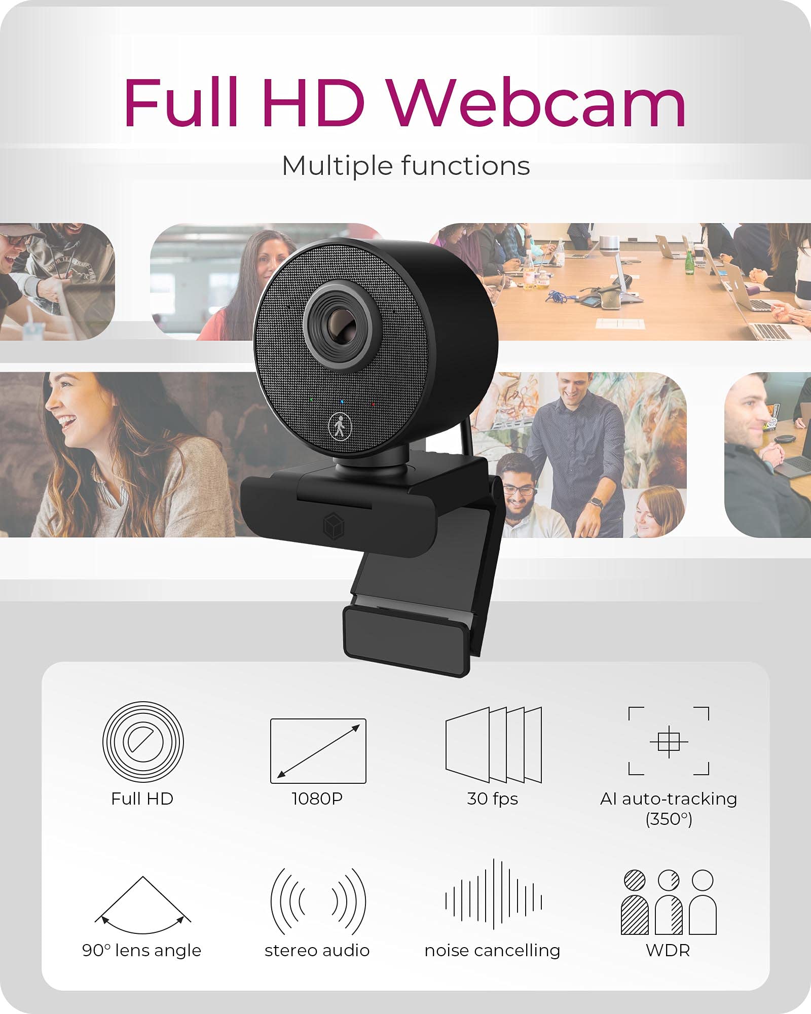 ICY BOX WDR IB-CAM501-HD Full HD USB Webcam with Microphone Clamp Base HD Auto Focus