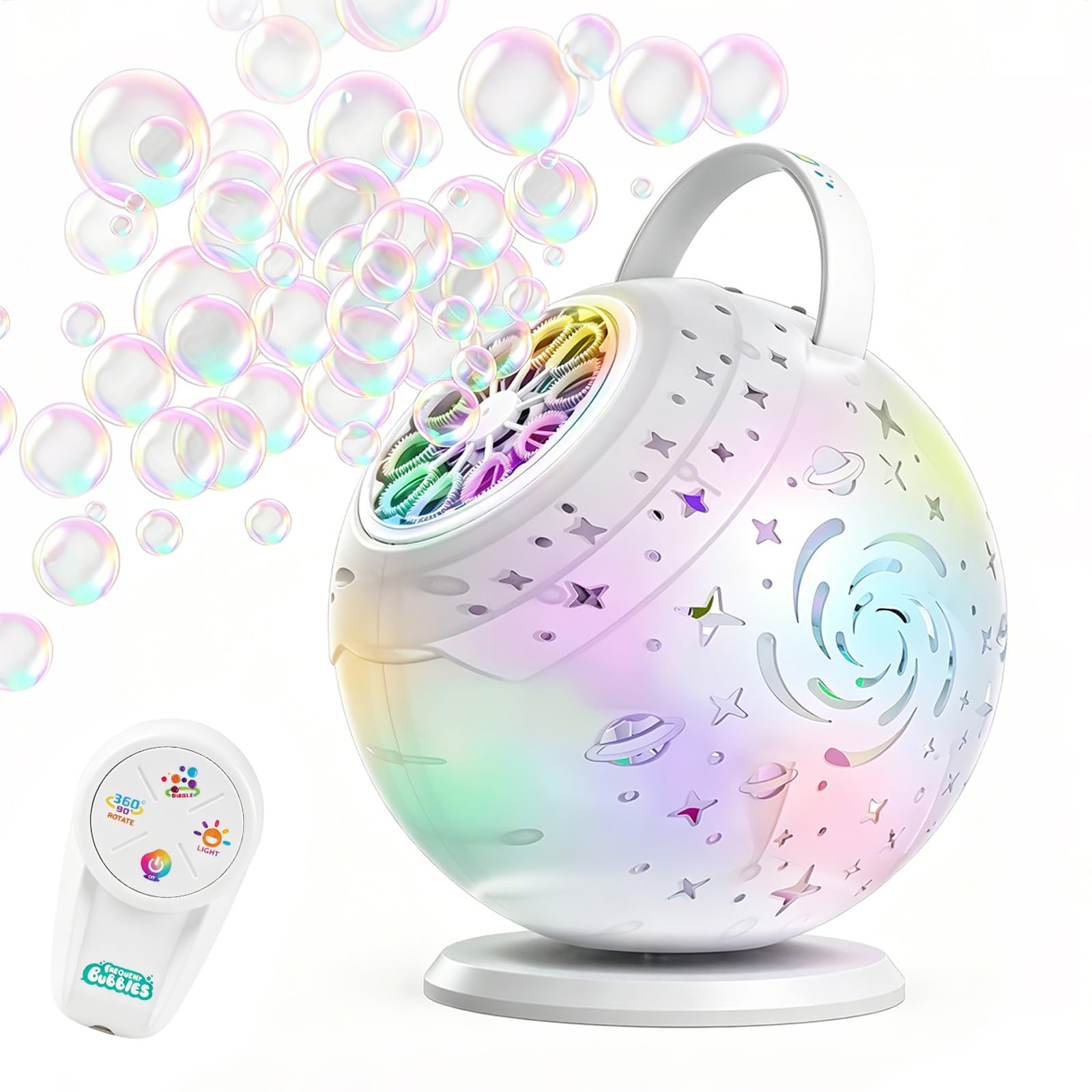 Bubble Machine with Remote Control, Standing Bubble Machine with 90° or 360° Rotation &7 LED Lights, 1200mAh Rechargeable Battery,Bubbles for Kids for Weddings Birthday Parties Outdoor Activities