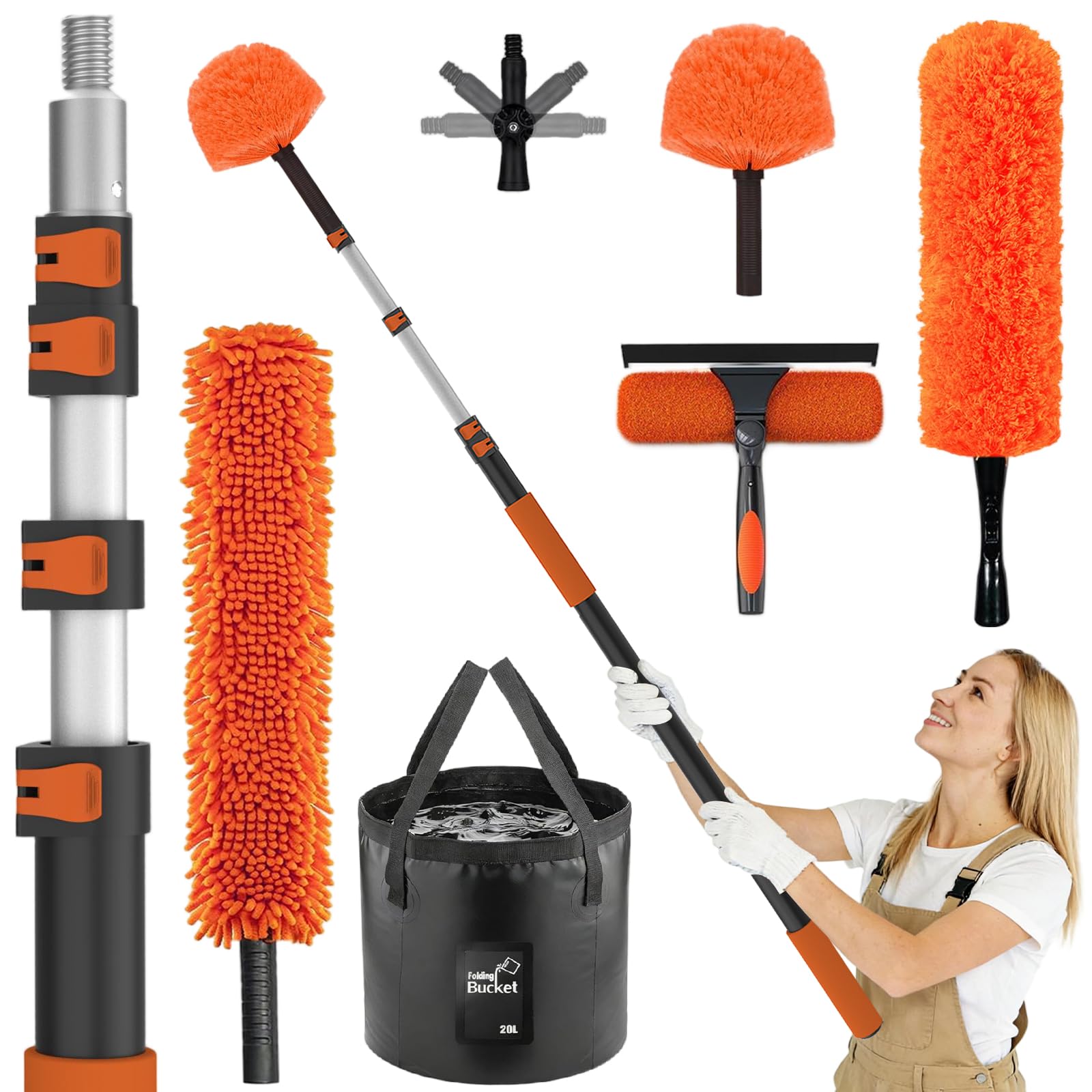 Laanpole Orange 3.6M Feather Duster Kit With Telescopic Pole, Extendable Microfiber Duster For High Ceiling, Long Handled Duster Kit With Cobweb Brush & Telescopic Window Cleaner & Bucket