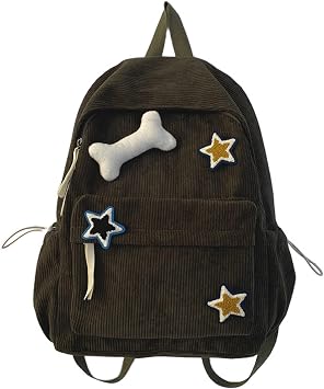 Corduroy Y2K Star Preppy Backpack, Cute Vintage Fashion Grunge Bookbag, Aesthetic Emo Laptop Daypack for Men Women Casual Bag Green