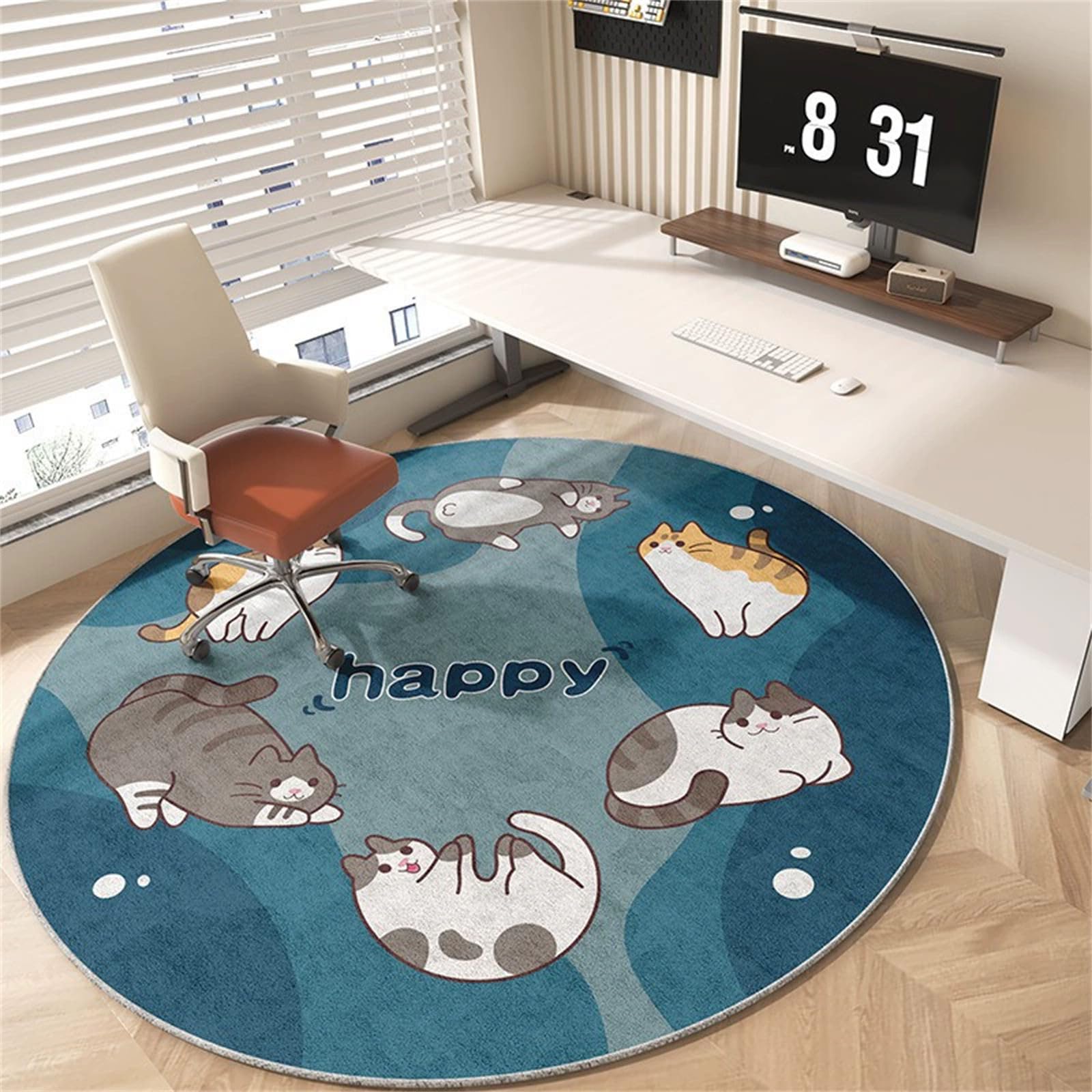 Alfombrilla redonda antiarañazos para silla de oficina, respaldo de goma antideslizante, diseño de gato de dibujos animados, 80 cm de diámetro, protector de alfombra para suelos de madera dura, uso en