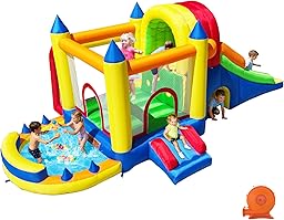 Hongcoral Inflatable Bounce House with Wide Slide, Splash Pool/Ballpit, Secret Crawl Tunnel & Soccer Goal, Multi-Activity Jumping Castle for Toddlers & Big Kids, Outdoor Backyard Playground