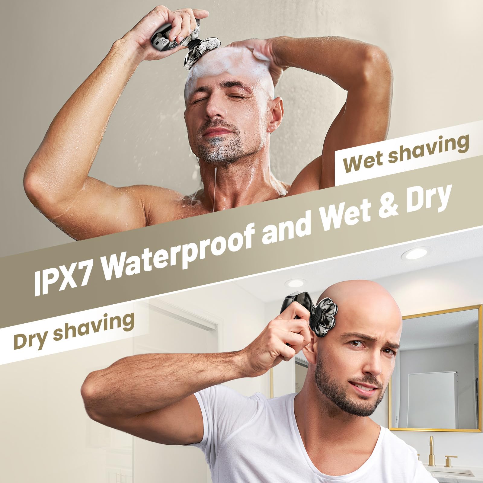 Gold 7D Detachable Electric Head Shaver, Wet & Dry IPX7 Razor