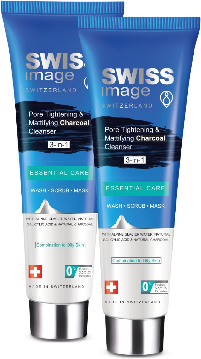Swiss Image Pore Tightening & Mattifying Charcoal Cleanser 3 In 1, 2 x 100ml, Salicylic Acid Face Wash, Scrub & Mask, Treats Acne, Deep Cleanses, Gently Exfoliates for Combination To Oily Skin