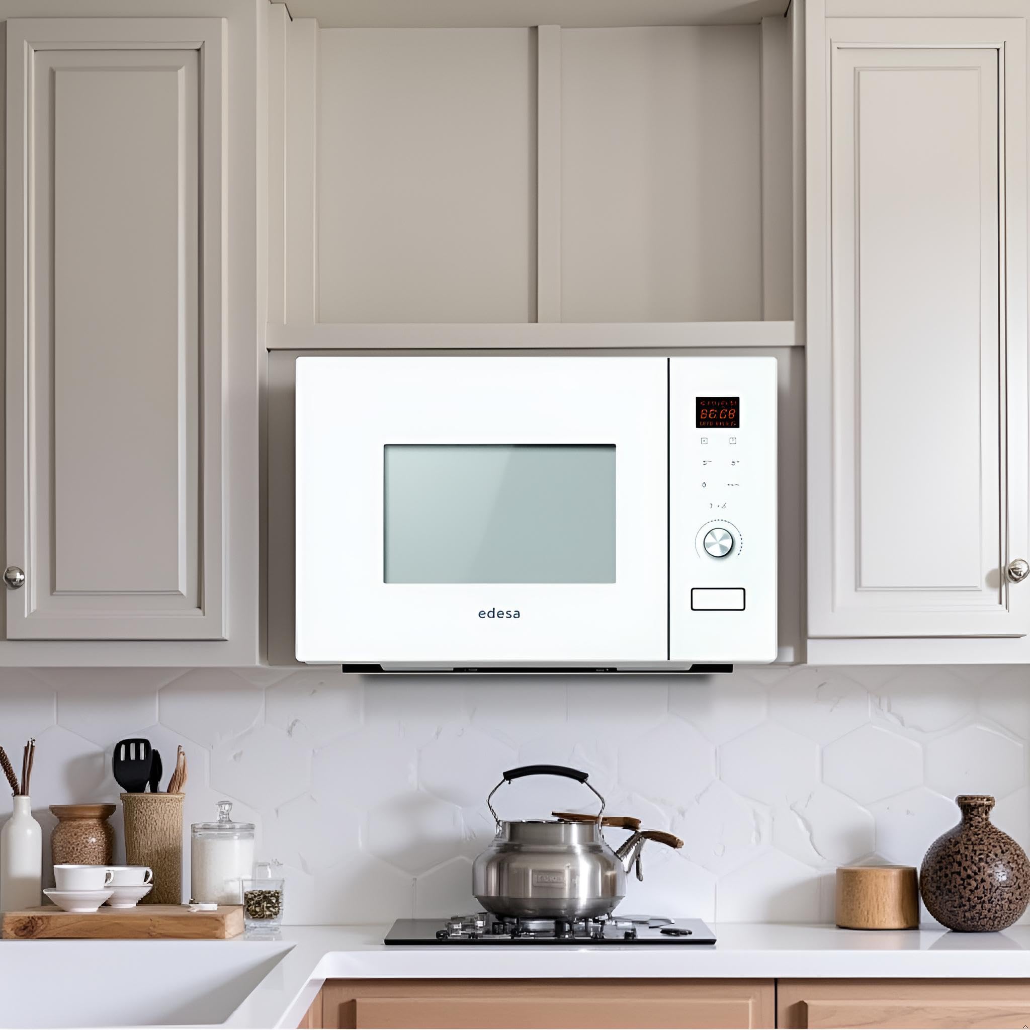 EDESA Mikrowelle EMW-2020-IG WH mit Einbau, 20 l, 800 W und Grill, 1000 W, Innengehäuse aus Edelstahl, Auftau- und Heizfunktionen, Breite 59,5 cm, Weiß