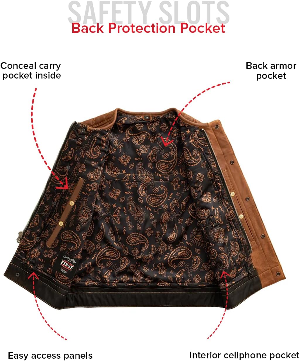 First Mfg Co Men’s Motorcycle Leather Vest, Club Style Premium Leather Biker Vest, Dual Zipper & Snap Closure