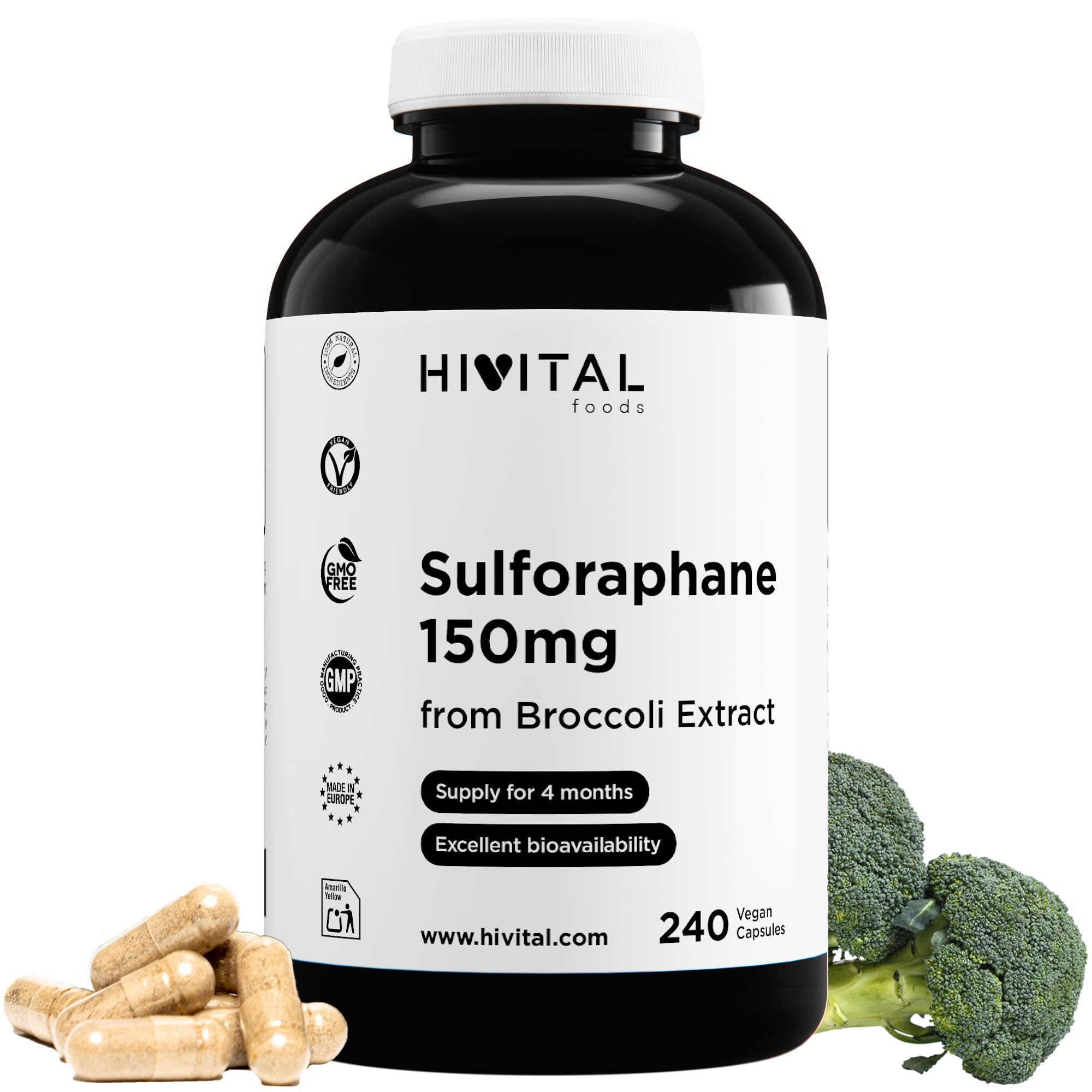 Sulforafano 150 mg. 240 capsule vegane per un trattamento di 4 mesi. Estratto Naturale di Broccoli concentrato 10:1 al 10% di Sulforafano, che fornisce 150 mg di Sulforafano. Prodotto da HIVITAL