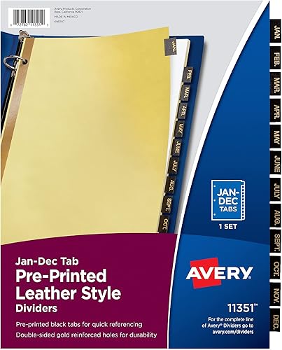 Avery Jan-Dec Separadores para carpetas de 3 anillas, juego de 12 pestañas, pestañas de cuero negro preimpresas, 1 juego de divisor de carpeta