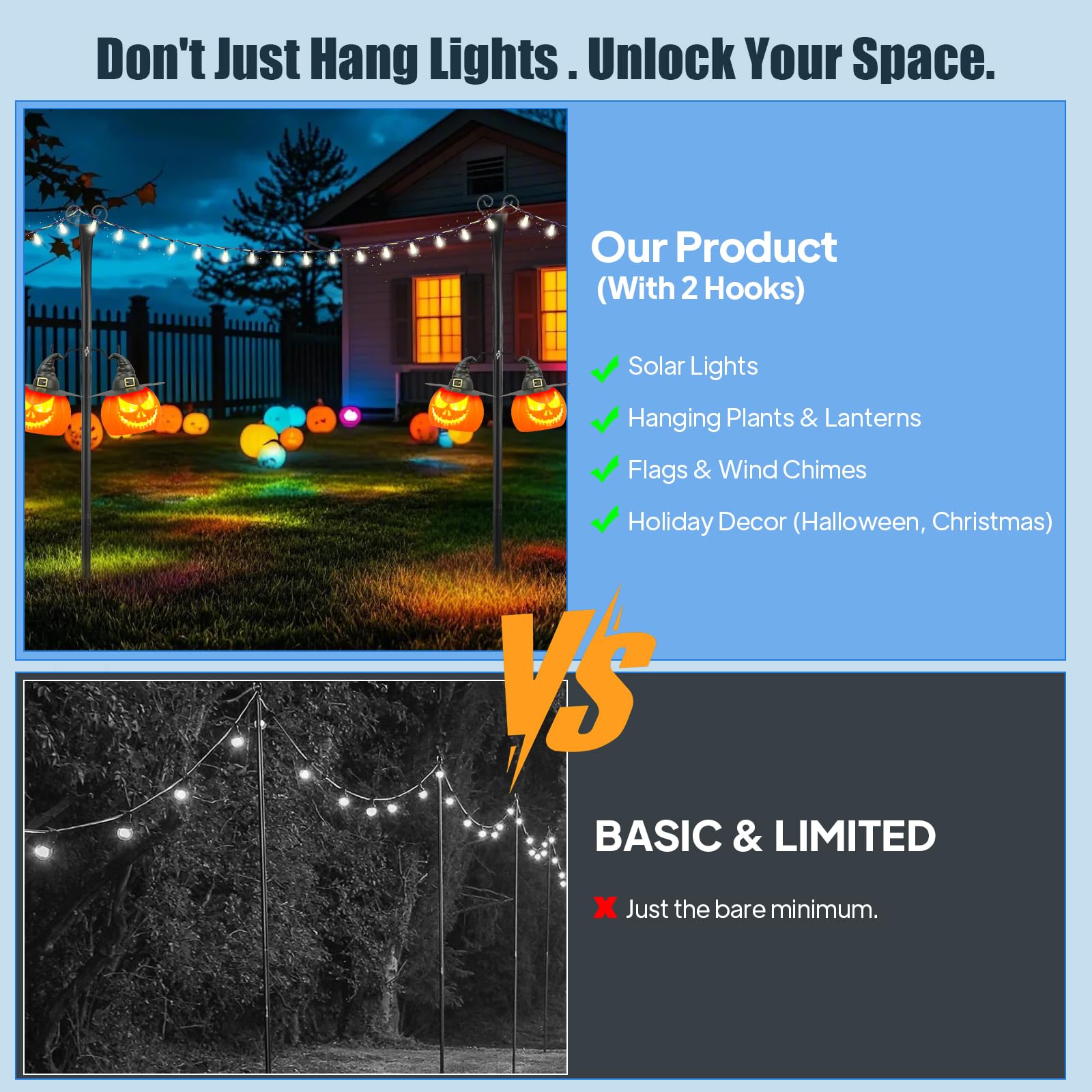 Juego de 2 Postes para Luces de Cadenita 2.7m, con 2 Ganchos en S por Poste, Acero al Carbono para Exterior, Jardín, Terraza, Fiestas, Navidad - Incl. Soportes y Tornillos