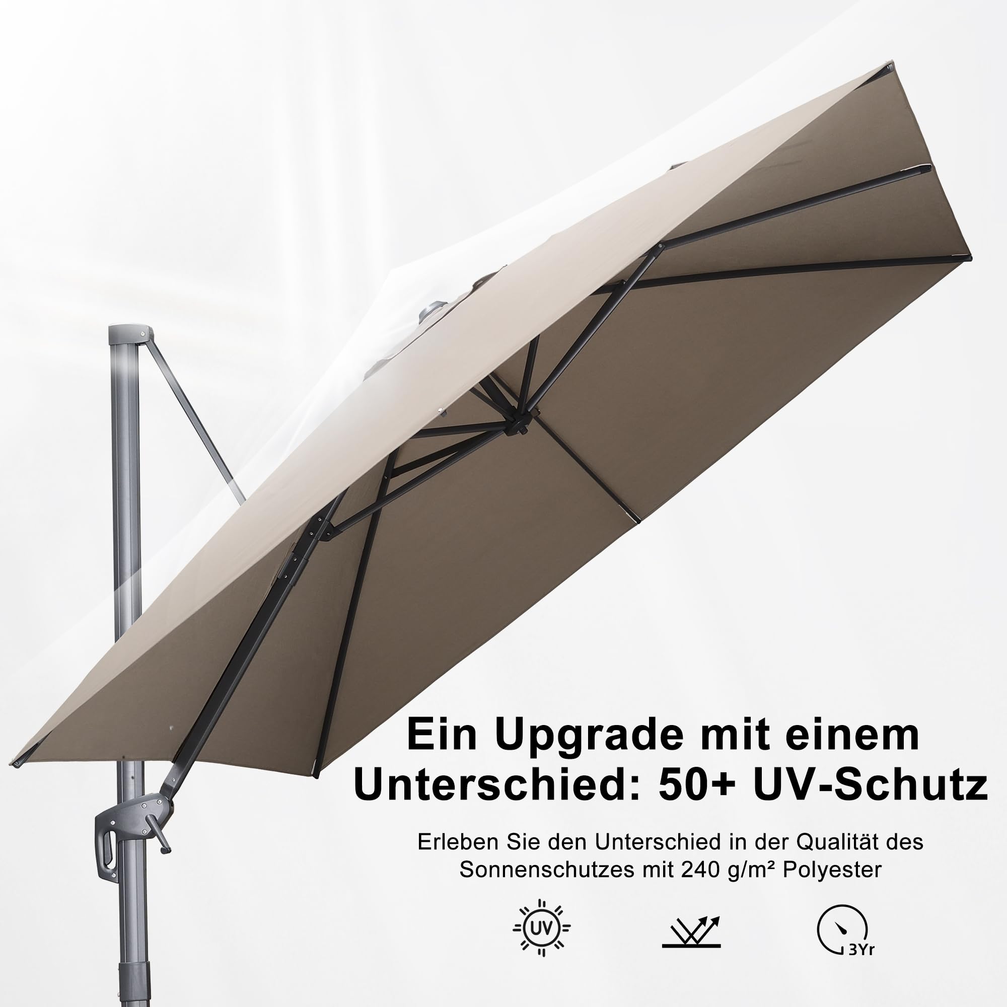 PURPLE LEAF Ampelschirm 300 × 300 cm Alu Acrylimitat UV 50+, Asch Mokka | 360° Drehbar, 6-Fach Neigbar Rundum Schatten, Verstärkter Mast, Leichtgängige Alu-Kurbel, Sonnenschirm Hohe Stabilität Robust