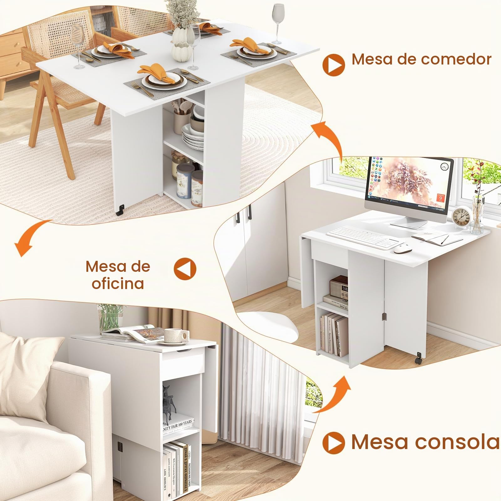 RELAX4LIFE 4 en 1 Mesa de Comedor Extensible con Puertas Abatibles y 2 Ruedas Universales para 4-6 Personas, Mesa Plegable de Cocina con 2 Estantes y 1 Cajón para Comedor/Salón, 72x120x75cm (Blanco)