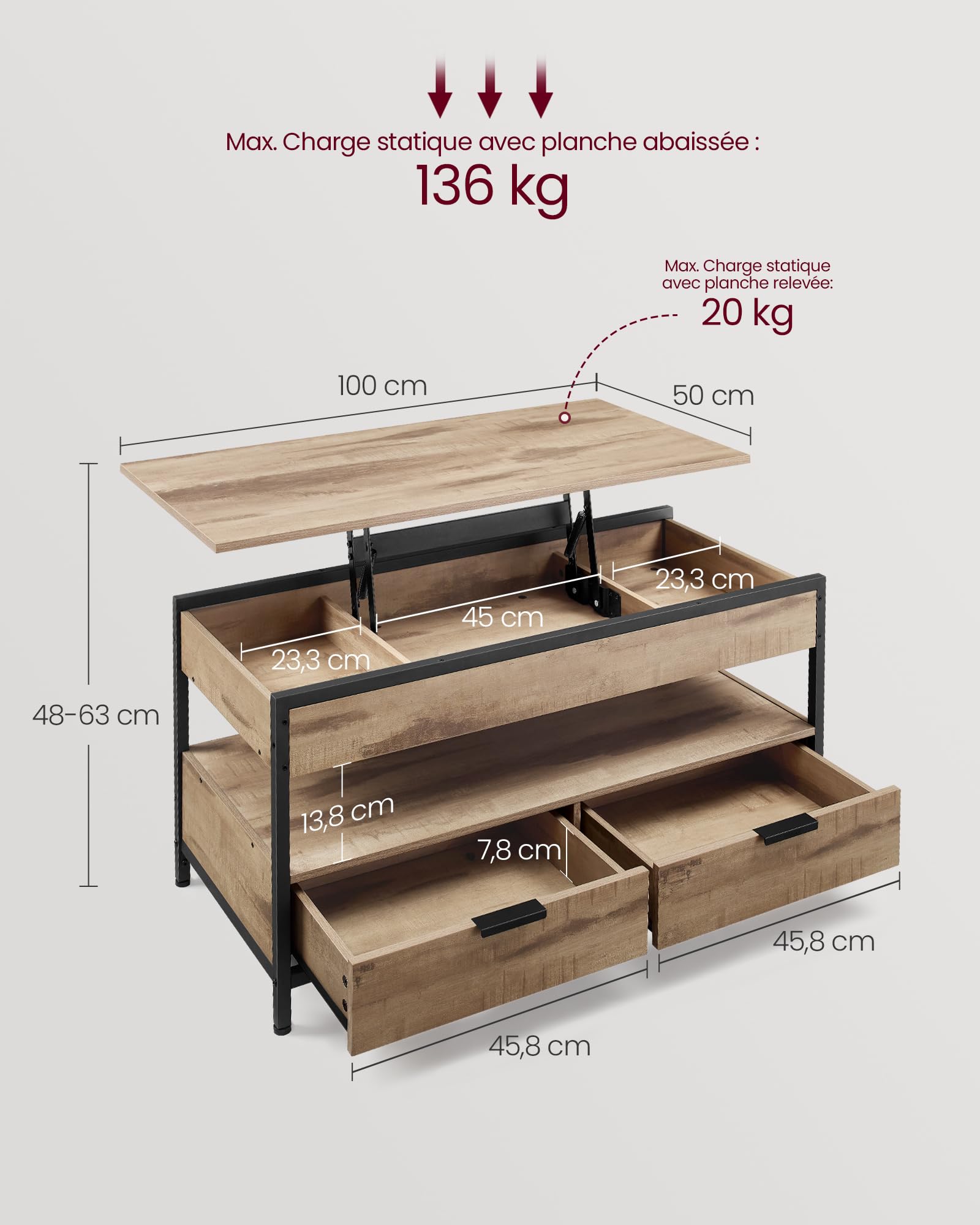 VASAGLE Table Basse, Table de Salon avec Plateau Relevable, Tiroirs de Rangement, avec Rangement Ouvert et Compartiment Caché, Marron Camel et Noir d'encre LCT209K02