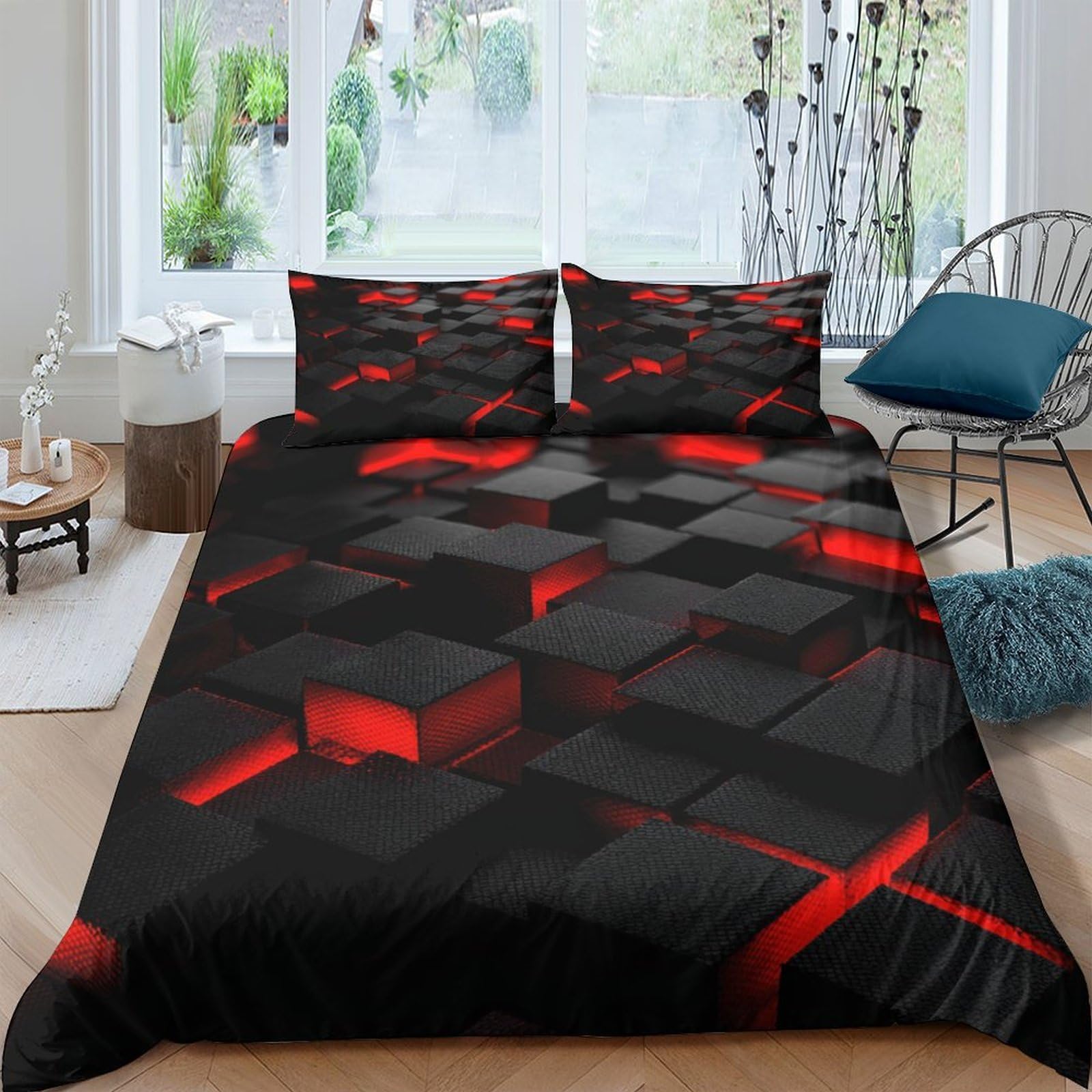 Ctjqhvkz Style-10 3D Printed Red Black Geometric Fitted Sheet Microfiber Soft Modern Cube Bed Cover For Bedroom Guest Room Decor Single（135X200cm）