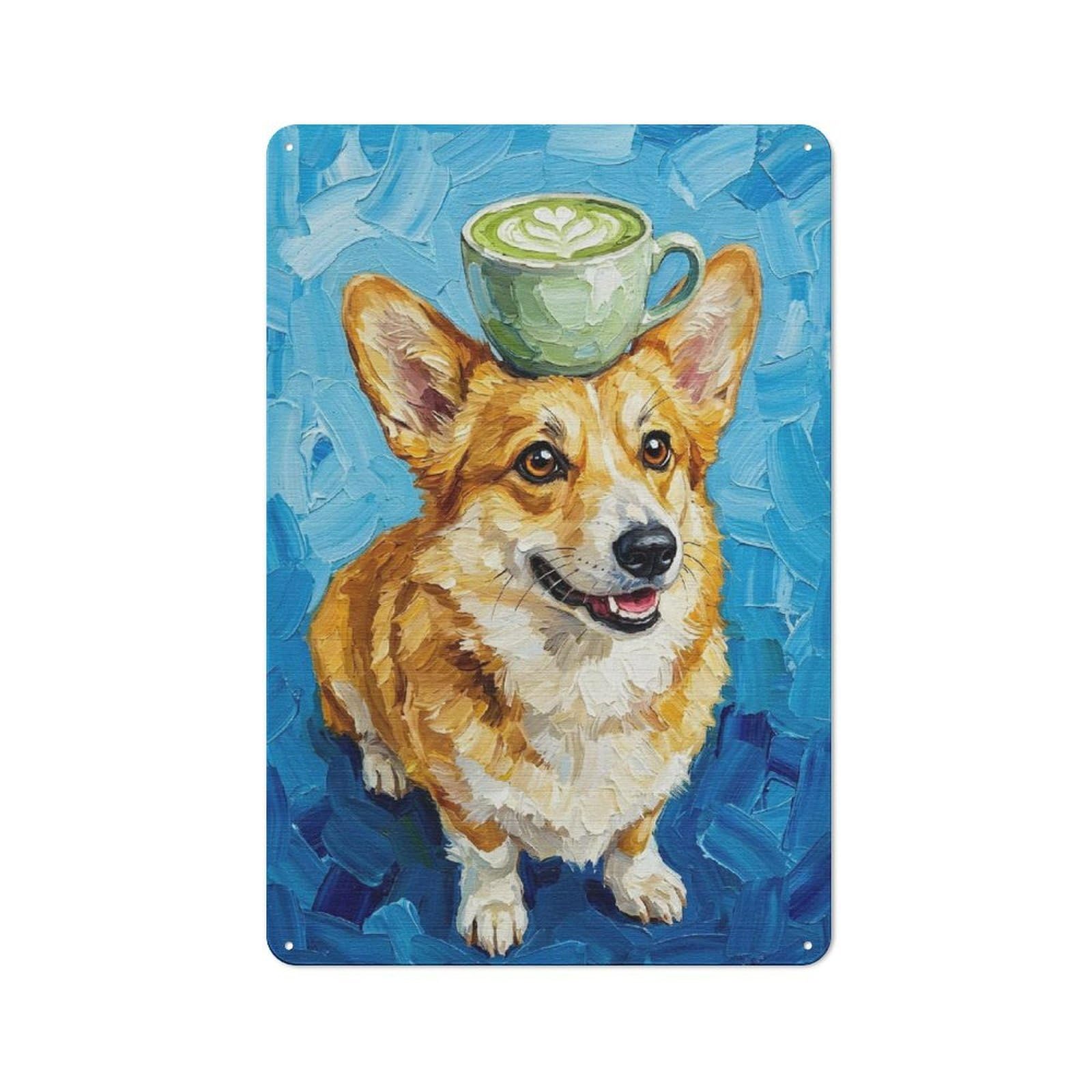 Junmoney Style-13 Country Style Kitchen Metal Sign 30X20cm Featuring Corgi With Matcha Latte Hat, Diner Style Decor For Kitchen, Cafe, Pantry Or Dining Room
