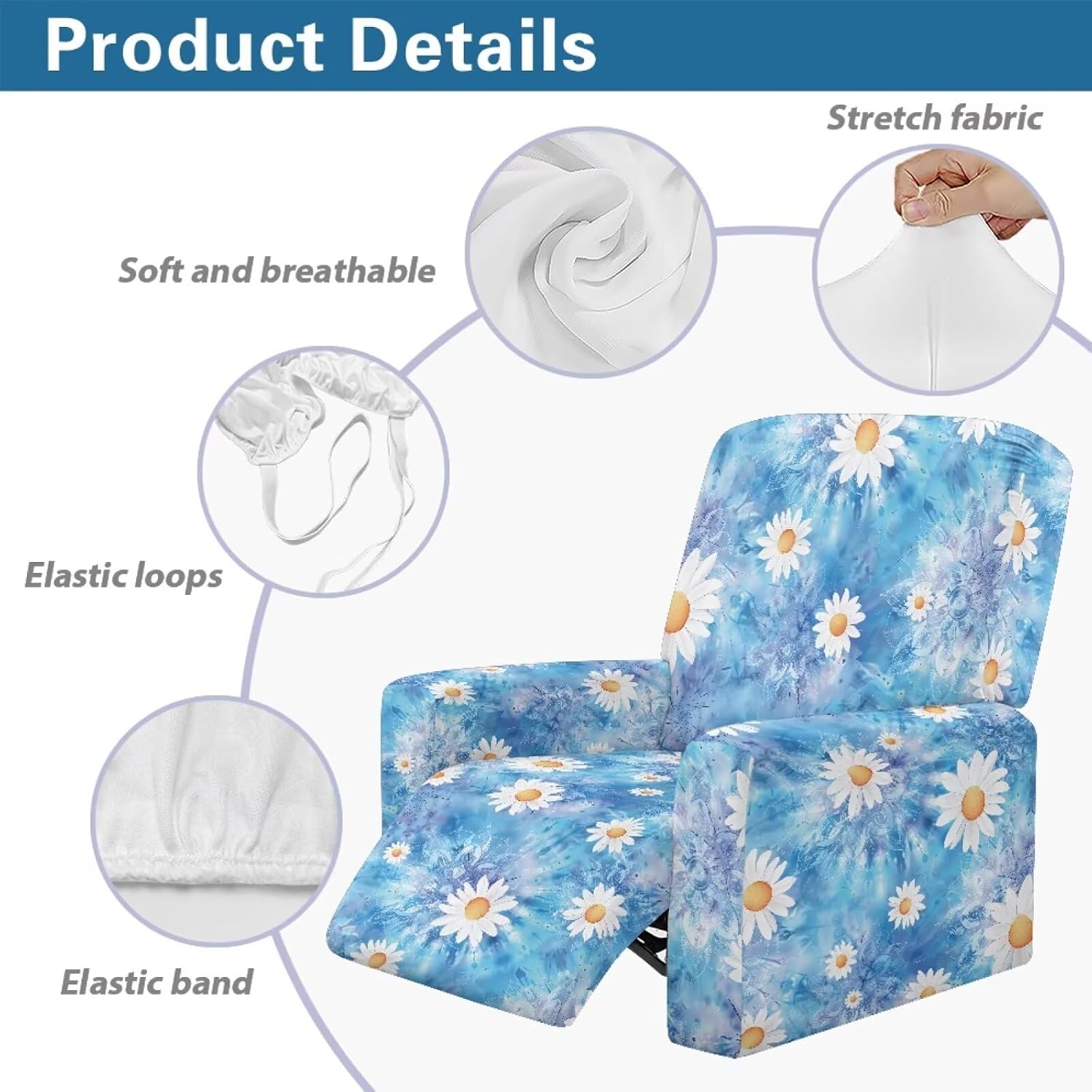 Daisy Print Recliner Chair Slipcovers for Reclining Chair Tie Dye Print Lazyboy Recliner Chair Cover with Storage Pockets Single-Seater, Blue