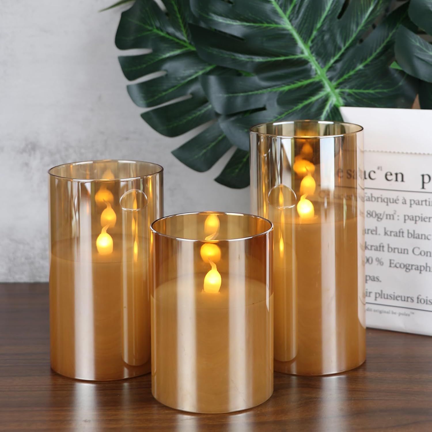 KunSween Glass Battery Operated LED Flameless Candles with Remote and Timer, Real Wax Candles Warm Color Flickering Light for Festival Wedding Home Party Decor(Pack of 3, 3" x 4" 5" 6" )-Gold