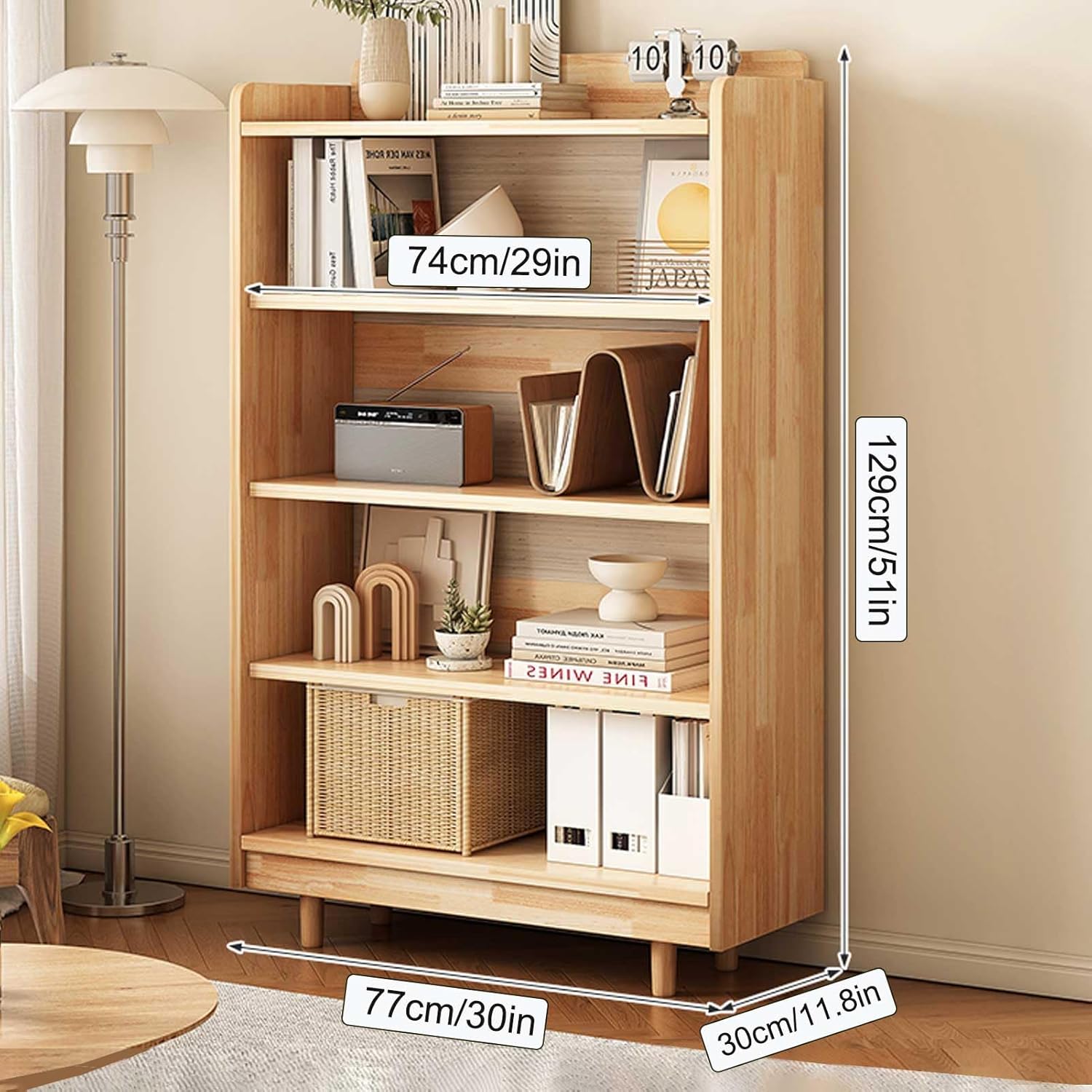 Diagram showing overall dimensions of the bookcase: 77cm width, 129cm height, 30cm depth