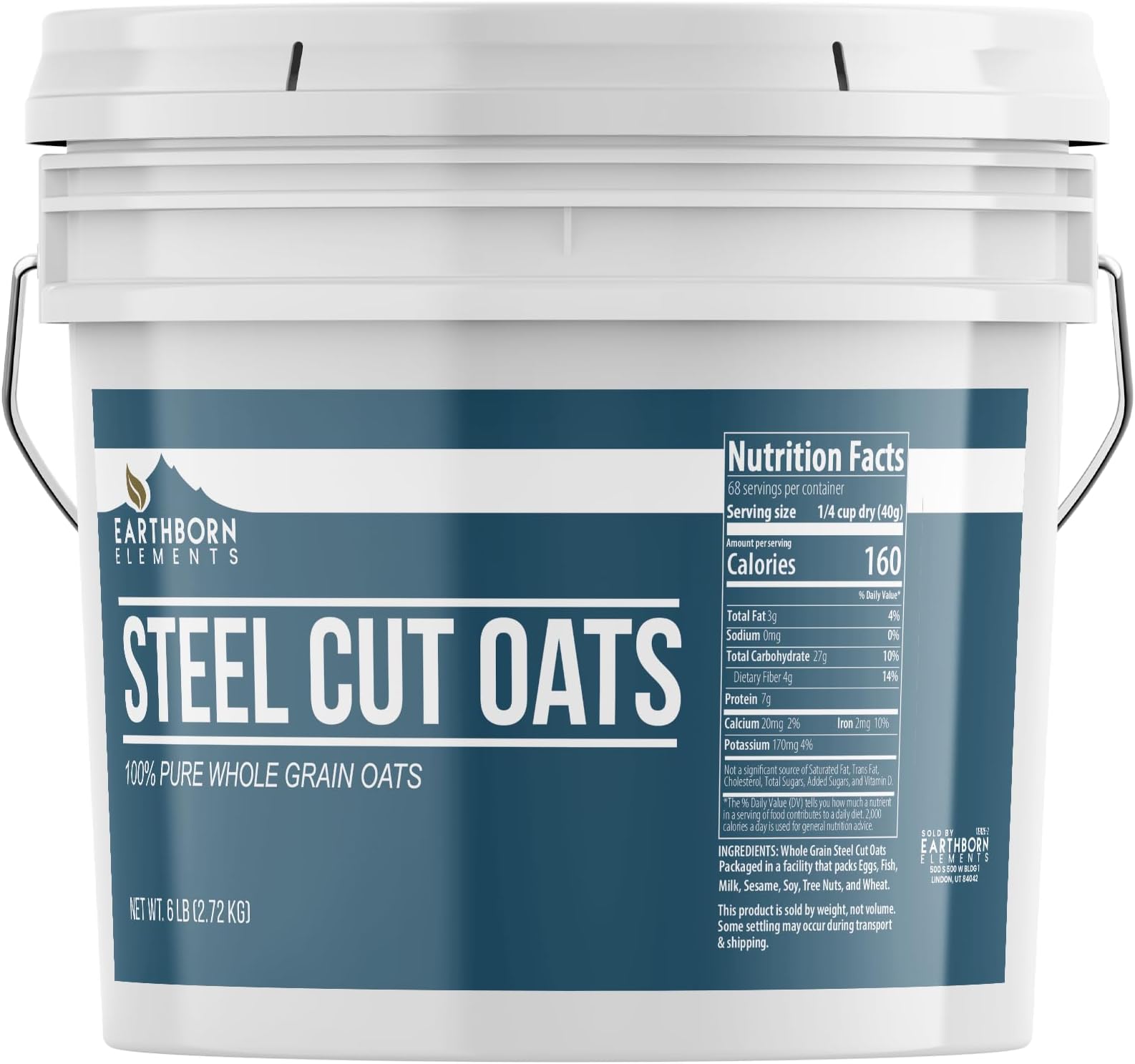Earthborn Elements Steel Cut Oats (1 Gallon), Also Called Irish Oatmeal, Breakfast, Resealable Bucket