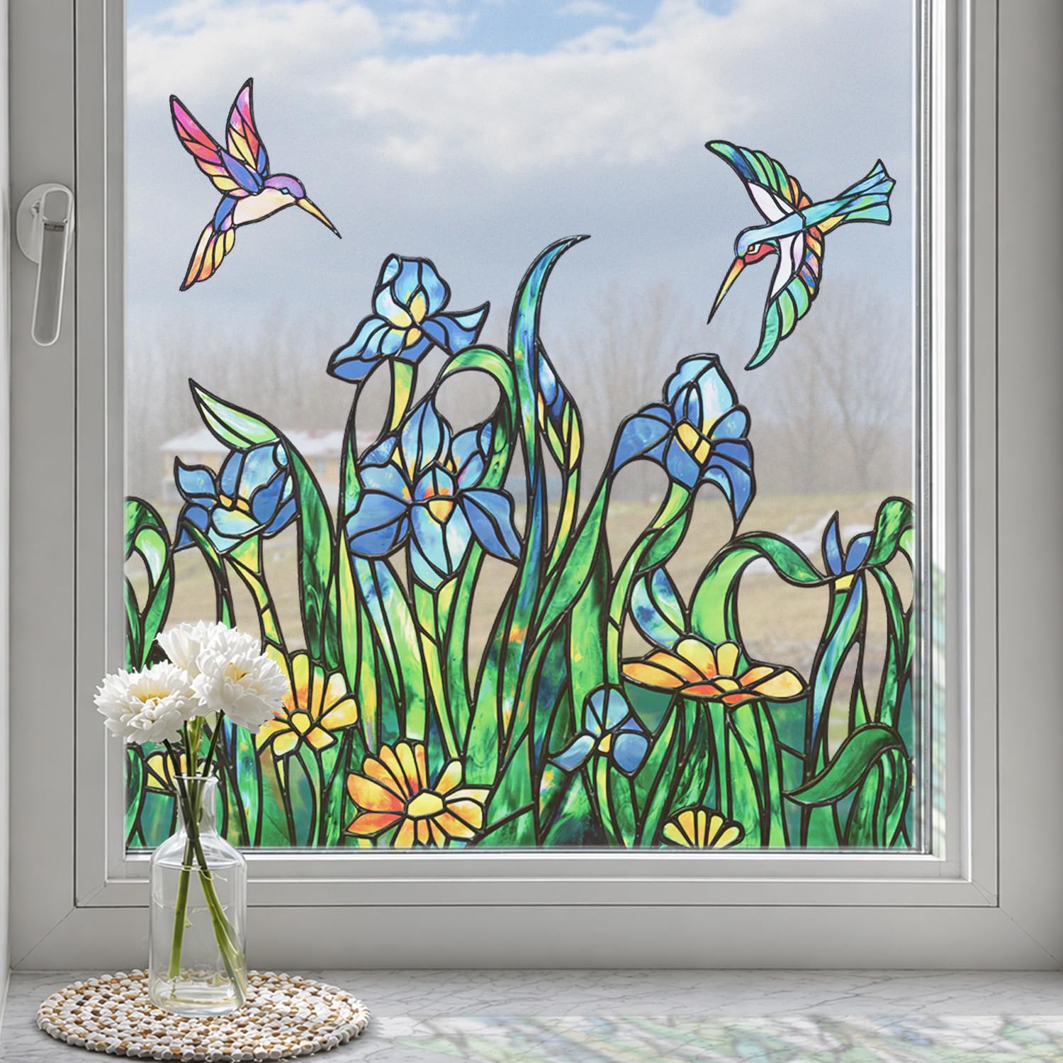 Film de bordure de fenêtre aquarelle florale statique pour vitre