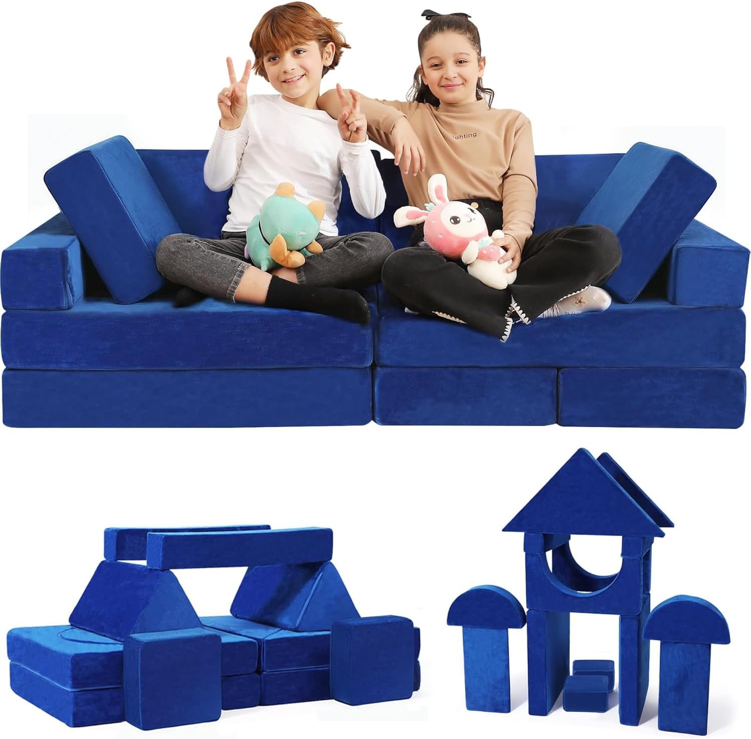 Contour Comfort Kids Couch 14 PC Modular Kids Play Couch Set โ Convertible Sofa with Soft Foam Sofa Cushions | Fort, Kid Play Room Furniture, Blue