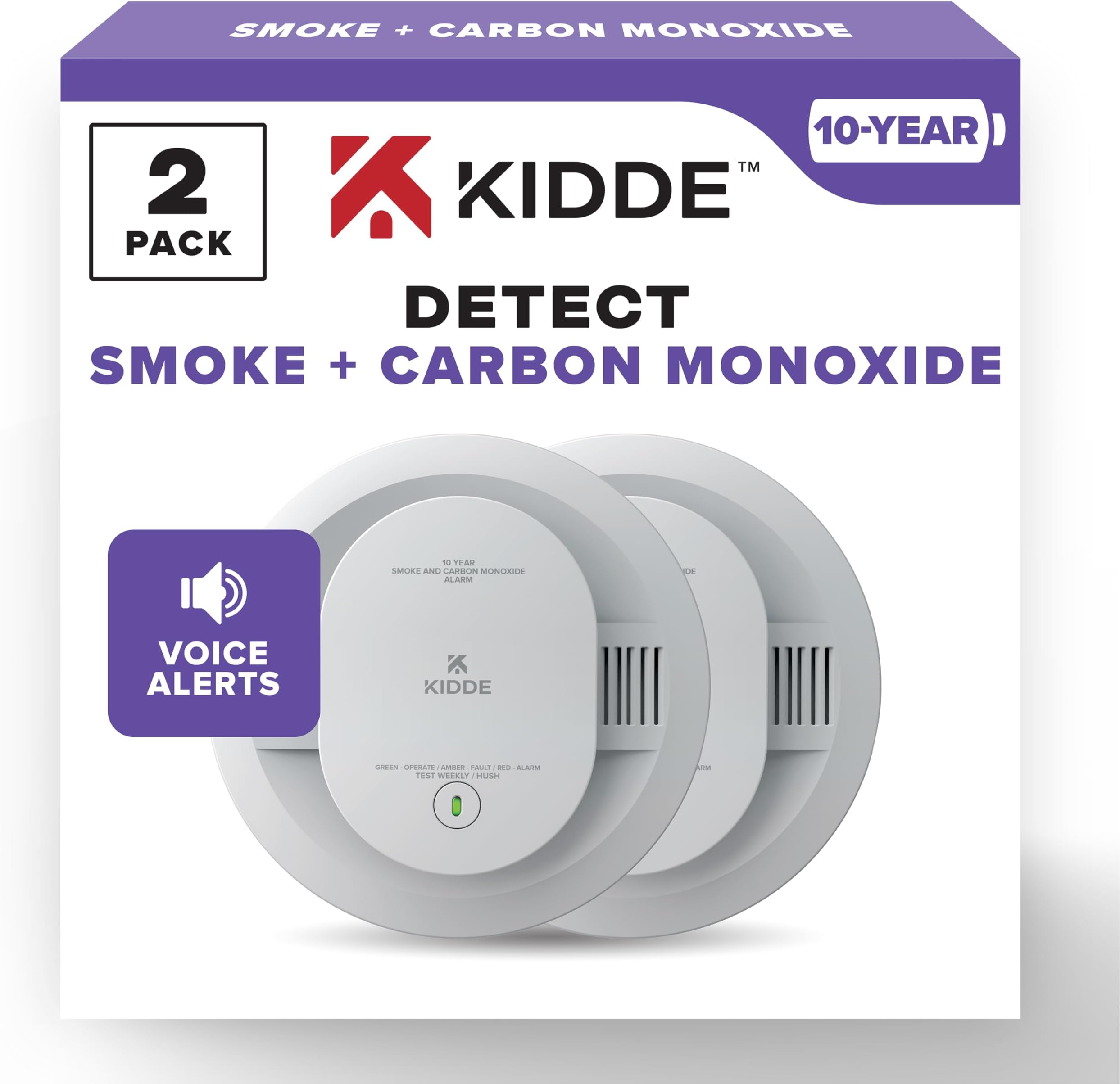 Smoke & Carbon Monoxide Detector, 10-Year Battery Powered, Voice Alerts, LED Warning Light Indicators, 2 Pack