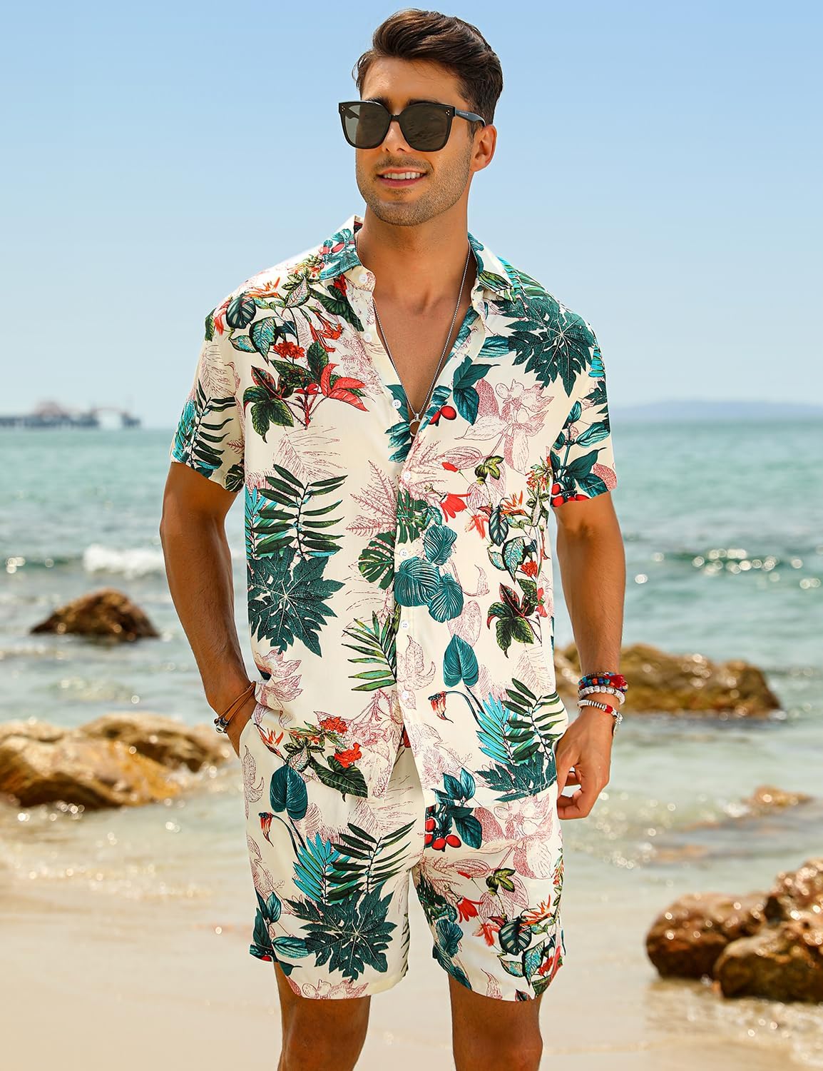EISHOPEER Men's Flower Hawaiian Sets Casual Short Sleeve Shirt and Shorts Suits Outfits with Bucket Hats - Image 2